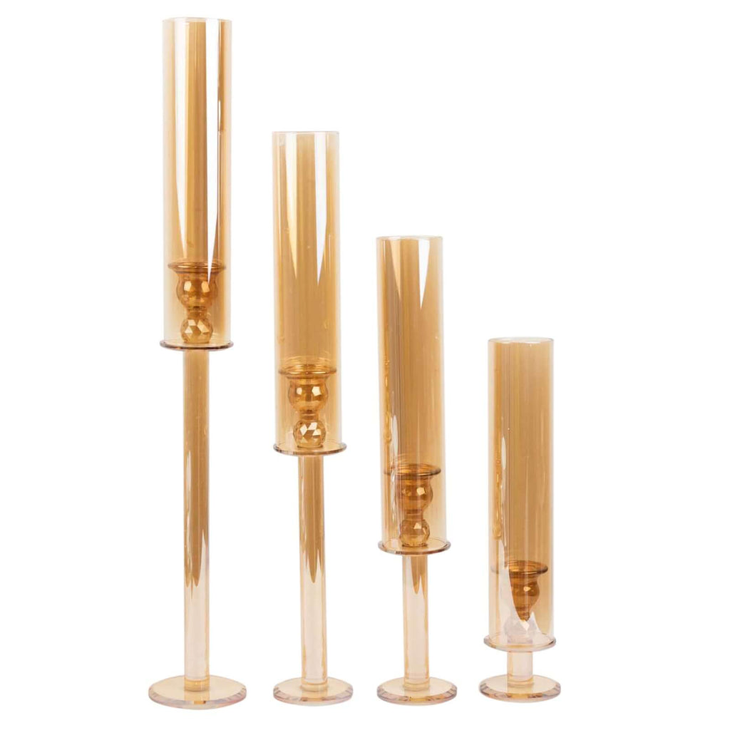 Set of 4 Crystal Glass Hurricane Taper Candle Holders, Decorative Tall Candle Stands Amber Gold Cylinder Chimney Tubes 14", 18", 22", 26" - Bell Racket Store