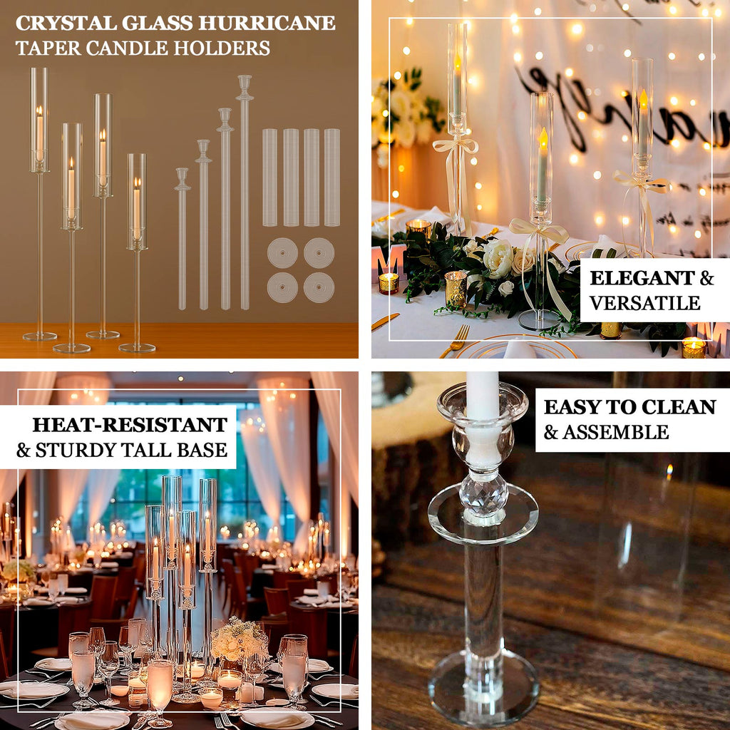 Set of 4 Crystal Glass Hurricane Taper Candle Holders, Decorative Tall Candle Stands Clear Cylinder Chimney Tubes 29", 33", 37", 41" - Bell Racket Store