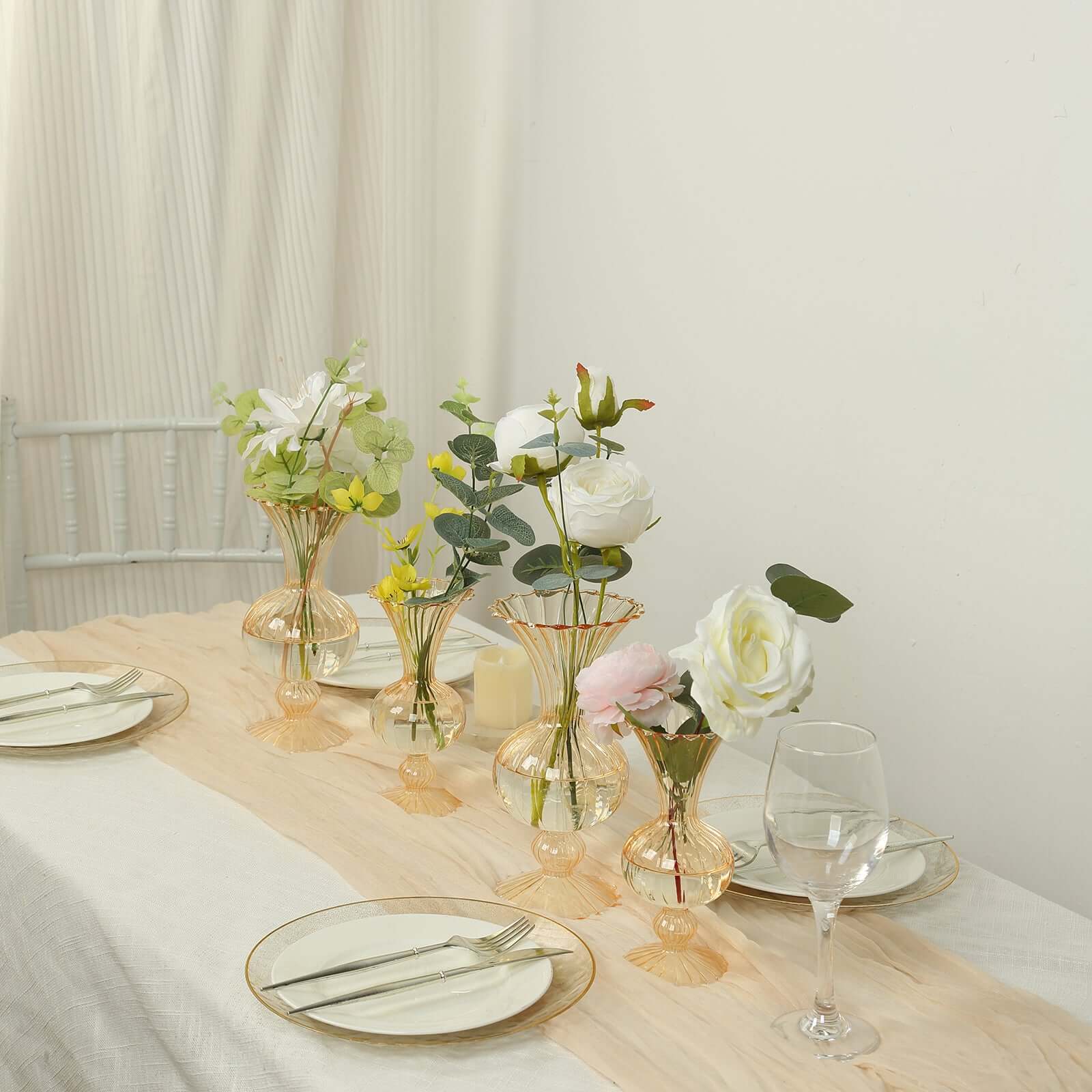 Set of 4 Glass Flower Vases Nordic Style with Petals Texture Amber Gold - Transparent Bud Planters for Wedding Table Decor 7", 9" - Bell Racket Store