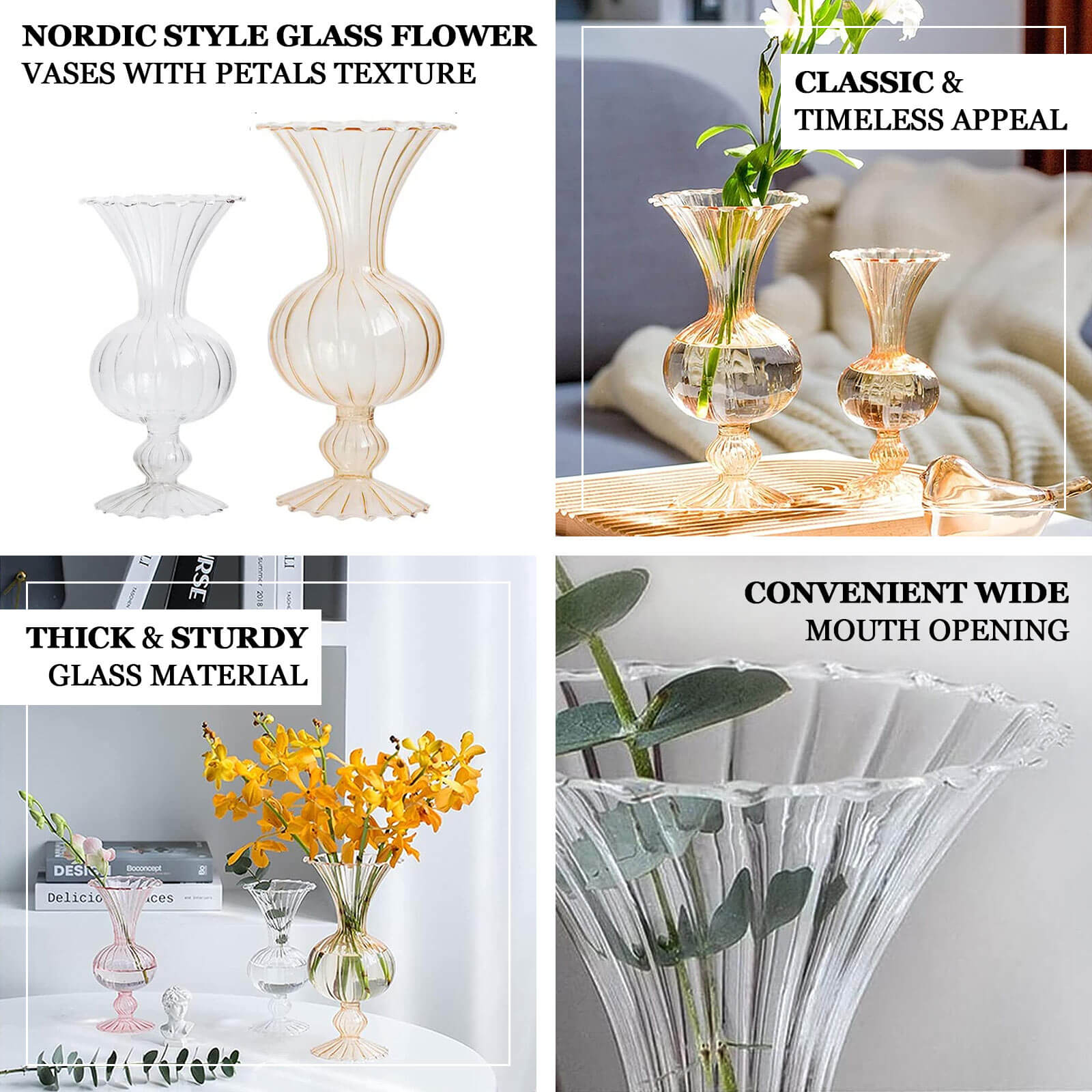 Set of 4 Glass Flower Vases Nordic Style with Petals Texture Amber Gold - Transparent Bud Planters for Wedding Table Decor 7", 9" - Bell Racket Store