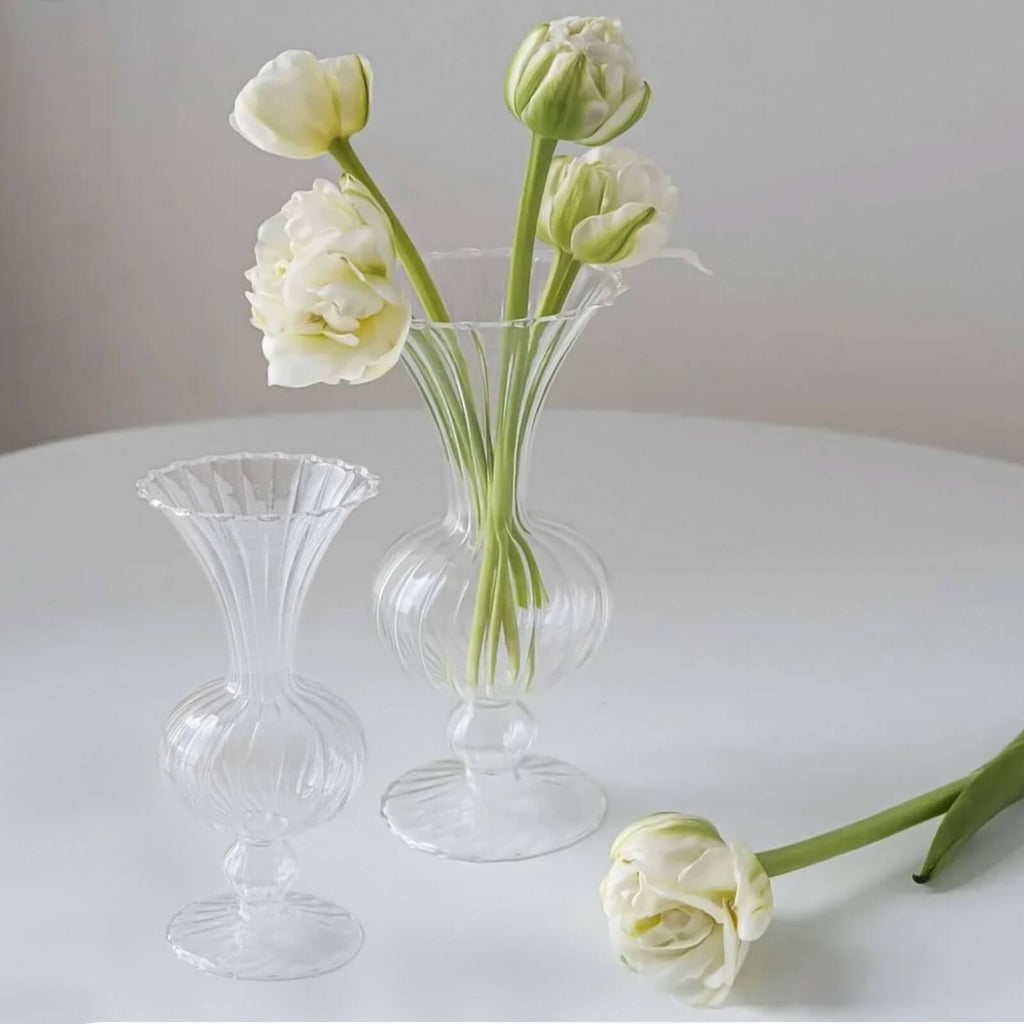 Set of 4 Glass Flower Vases Nordic Style with Petals Texture Clear - Transparent Bud Planters for Wedding Table Decor 7", 9" - Bell Racket Store