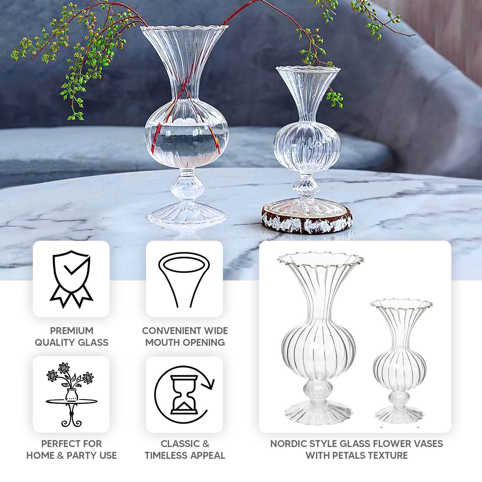 Set of 4 Glass Flower Vases Nordic Style with Petals Texture Clear - Transparent Bud Planters for Wedding Table Decor 7", 9" - Bell Racket Store
