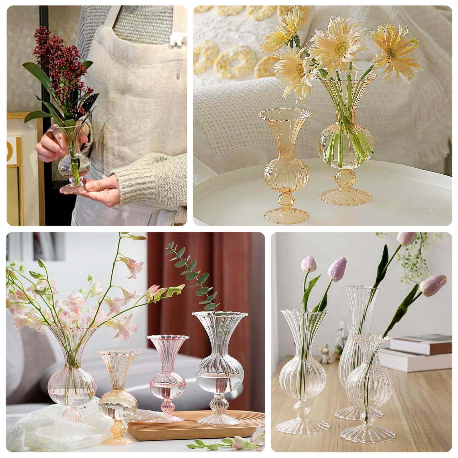 Set of 4 Glass Flower Vases Nordic Style with Petals Texture Clear - Transparent Bud Planters for Wedding Table Decor 7", 9" - Bell Racket Store