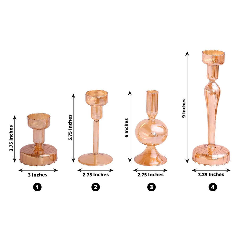 Set of 4 Glass Taper Votive Candle Holders Lined Crystal Design Assorted Amber Gold - Tea Light Stand Set 4", 5.5", 6", 9" - Bell Racket Store