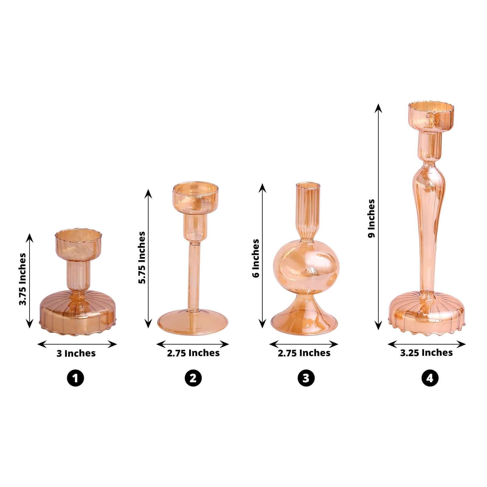 Set of 4 Glass Taper Votive Candle Holders Lined Crystal Design Assorted Amber Gold - Tea Light Stand Set 4", 5.5", 6", 9" - Bell Racket Store