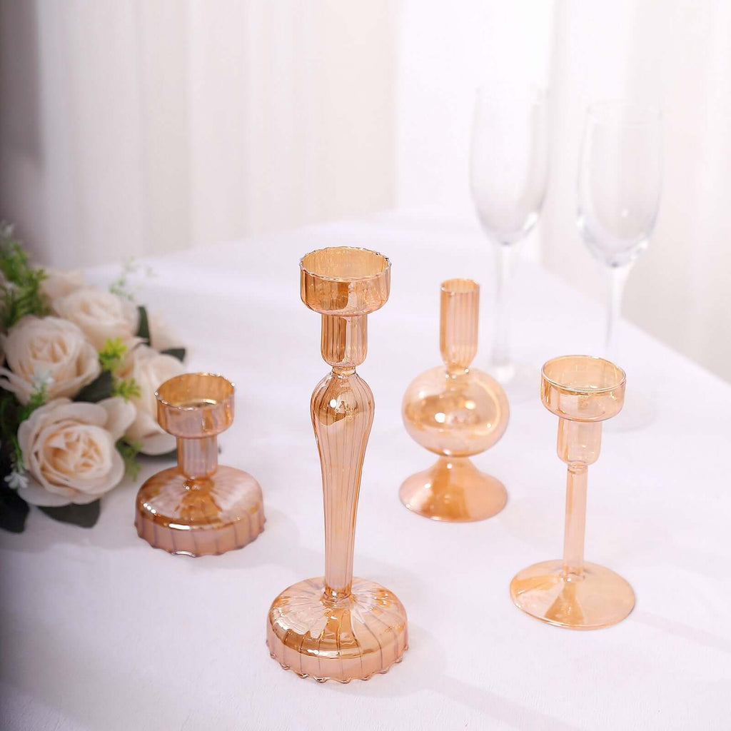 Set of 4 Glass Taper Votive Candle Holders Lined Crystal Design Assorted Amber Gold - Tea Light Stand Set 4", 5.5", 6", 9" - Bell Racket Store