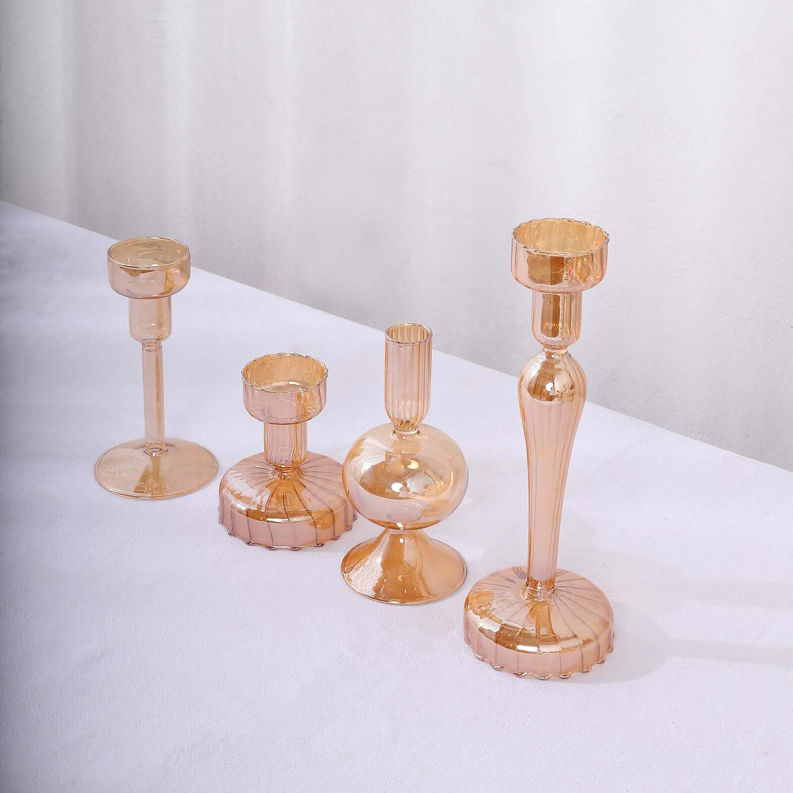 Set of 4 Glass Taper Votive Candle Holders Lined Crystal Design Assorted Amber Gold - Tea Light Stand Set 4", 5.5", 6", 9" - Bell Racket Store