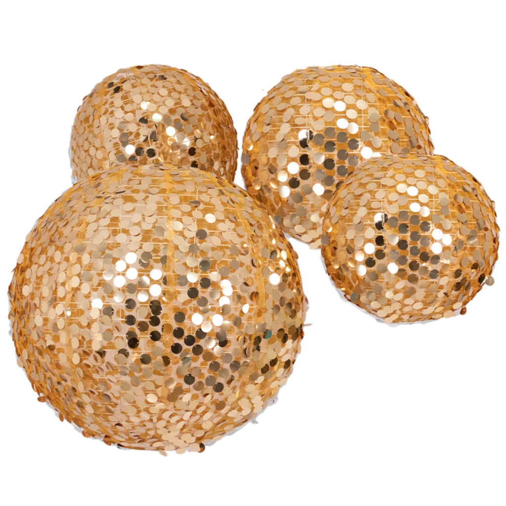 Set of 4 Glitter Gold Payette Sequin Hanging Lanterns, Large Decorative Round Foldable Fabric Chinese Lantern Lampshades - 12",14",16",20" - Bell Racket Store