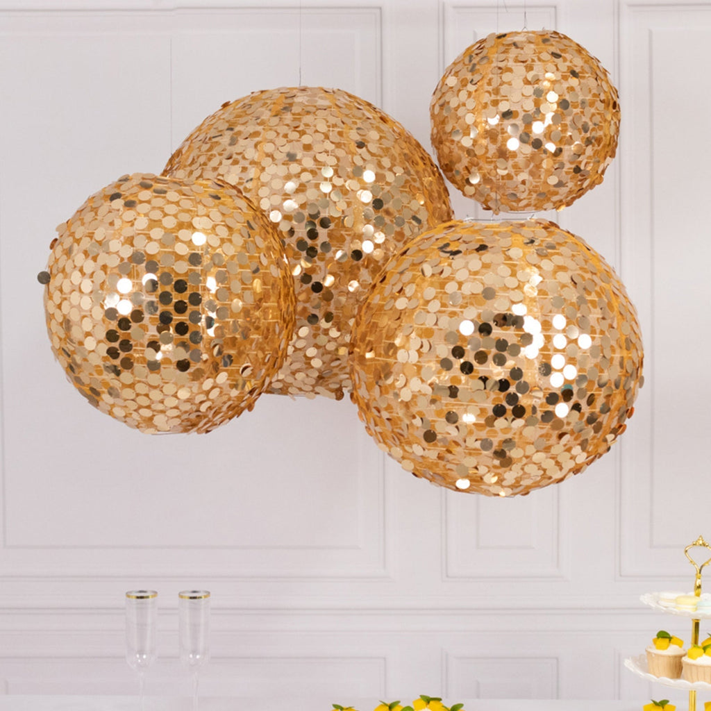 Set of 4 Glitter Gold Payette Sequin Hanging Lanterns, Large Decorative Round Foldable Fabric Chinese Lantern Lampshades - 12",14",16",20" - Bell Racket Store