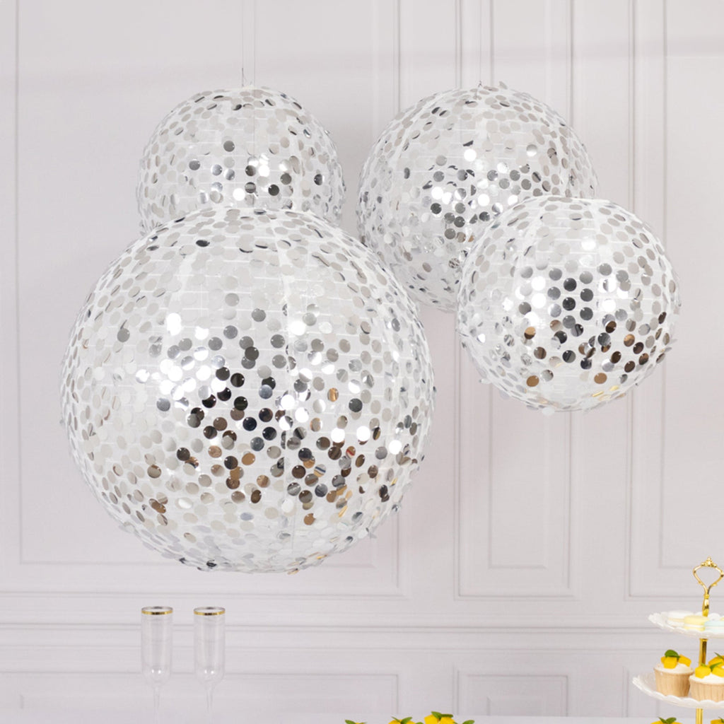 Set of 4 Glitter Silver Payette Sequin Hanging Lanterns, Large Decorative Round Foldable Fabric Chinese Lantern Lampshades - 12",14",16",20" - Bell Racket Store
