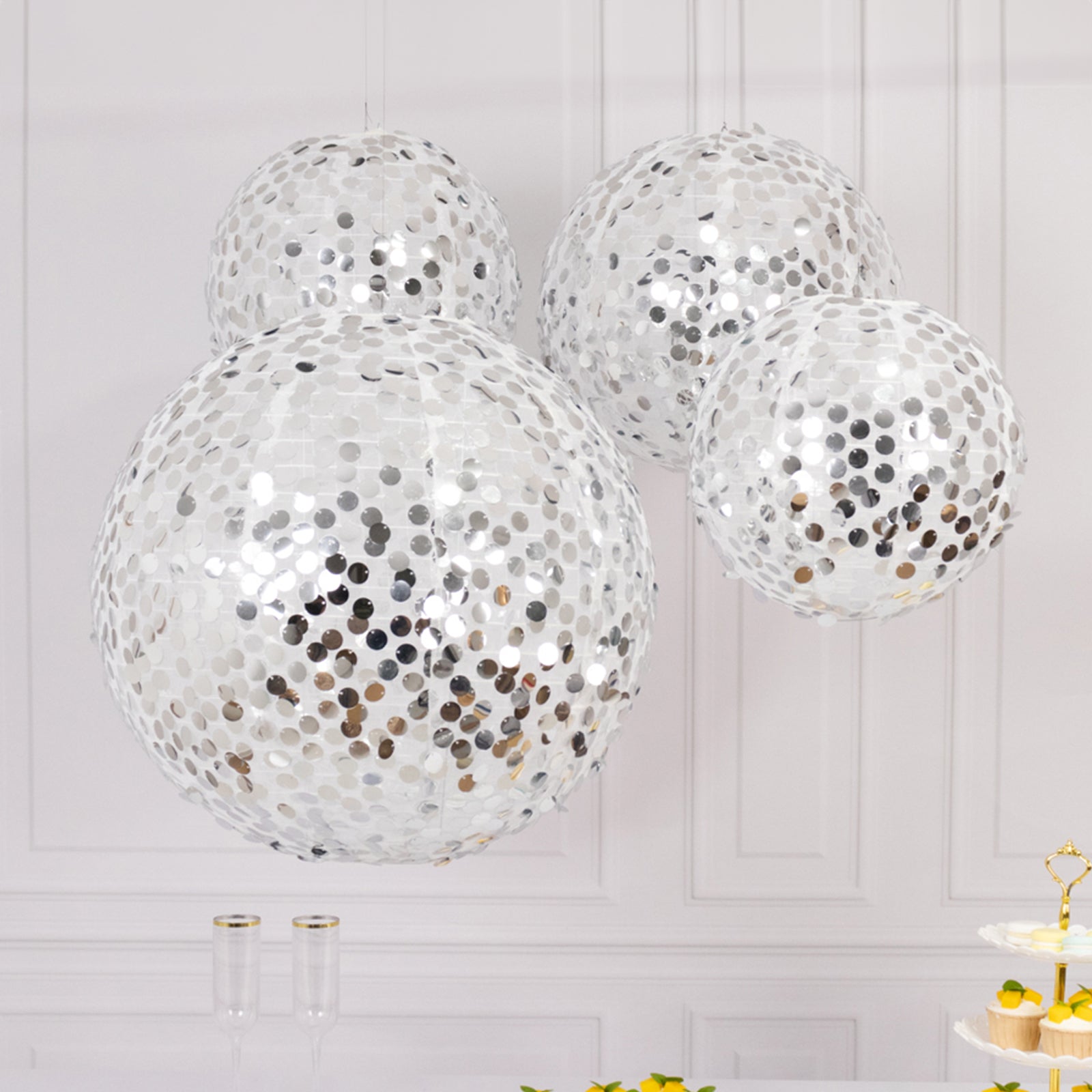 Set of 4 Glitter Silver Payette Sequin Hanging Lanterns, Large Decorative Round Foldable Fabric Chinese Lantern Lampshades - 12",14",16",20" - Bell Racket Store