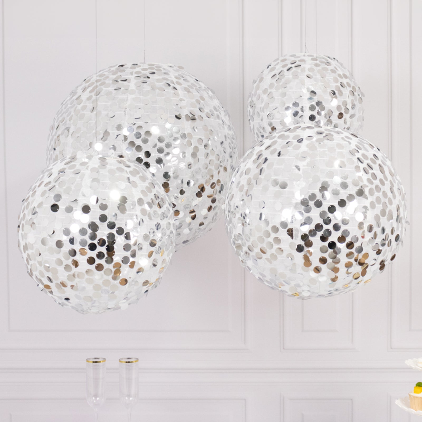 Set of 4 Glitter Silver Payette Sequin Hanging Lanterns, Large Decorative Round Foldable Fabric Chinese Lantern Lampshades - 12",14",16",20" - Bell Racket Store