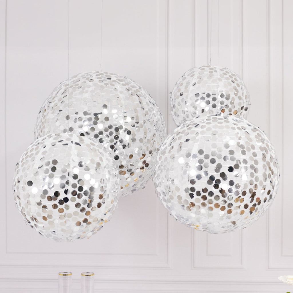 Set of 4 Glitter Silver Payette Sequin Hanging Lanterns, Large Decorative Round Foldable Fabric Chinese Lantern Lampshades - 12",14",16",20" - Bell Racket Store