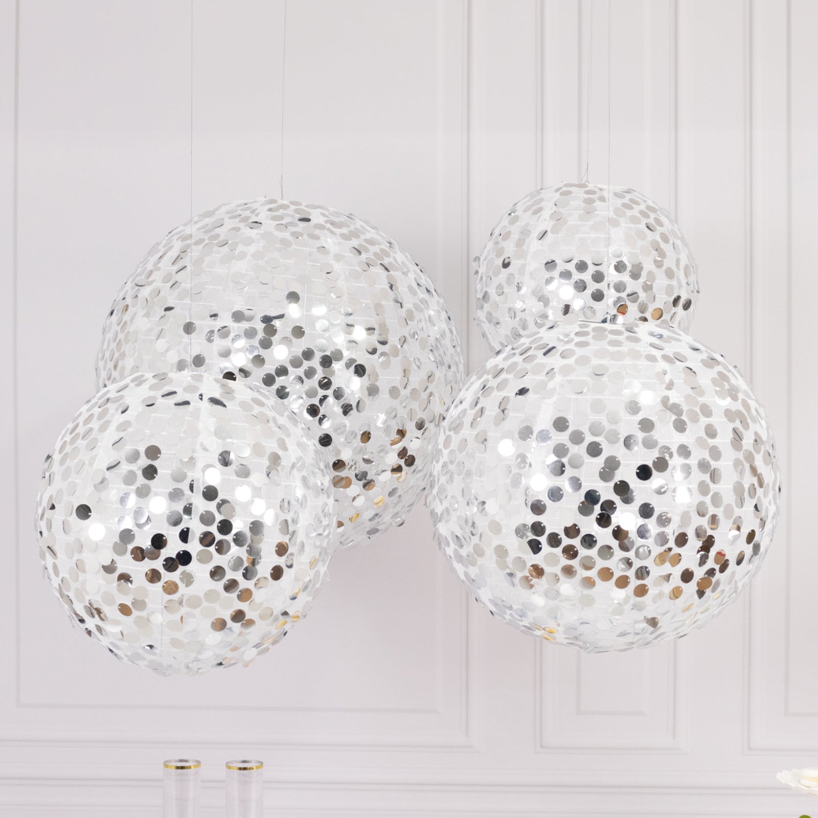 Set of 4 Glitter Silver Payette Sequin Hanging Lanterns, Large Decorative Round Foldable Fabric Chinese Lantern Lampshades - 12",14",16",20" - Bell Racket Store