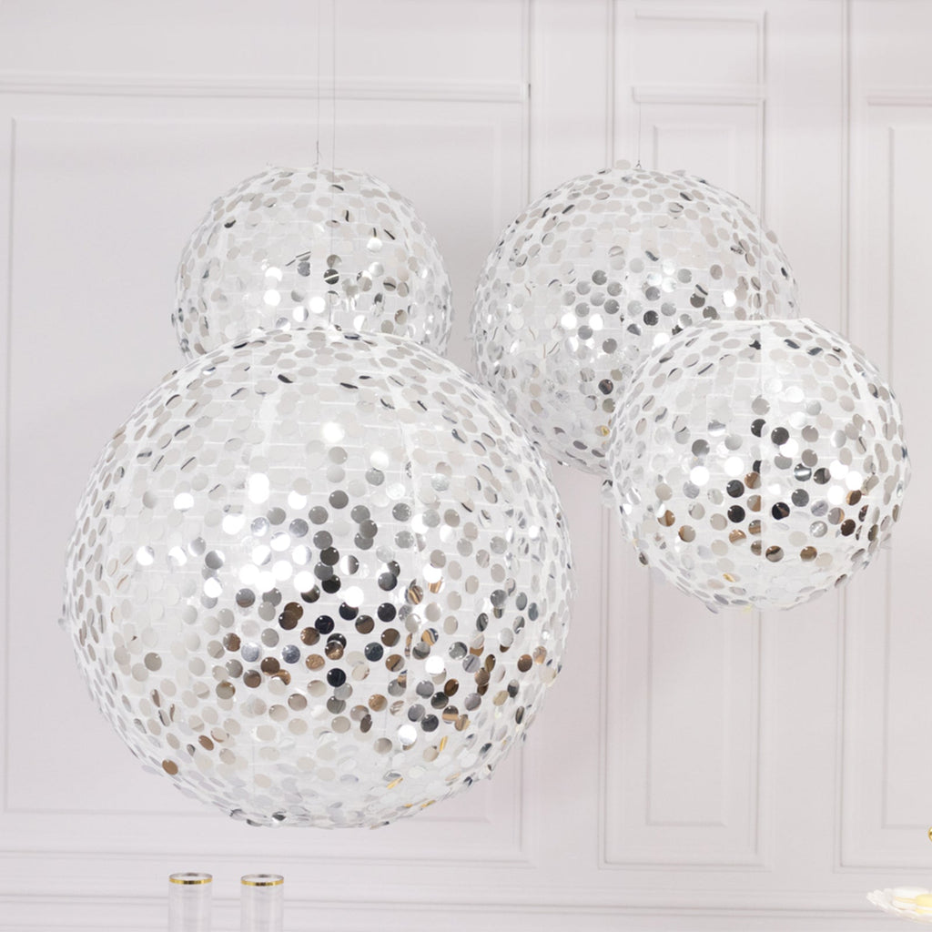 Set of 4 Glitter Silver Payette Sequin Hanging Lanterns, Large Decorative Round Foldable Fabric Chinese Lantern Lampshades - 12",14",16",20" - Bell Racket Store