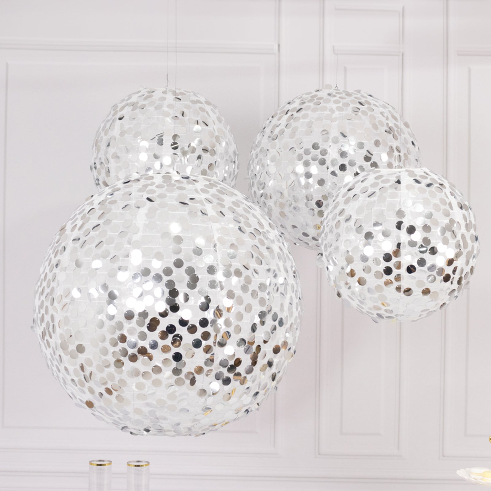 Set of 4 Glitter Silver Payette Sequin Hanging Lanterns, Large Decorative Round Foldable Fabric Chinese Lantern Lampshades - 12",14",16",20" - Bell Racket Store