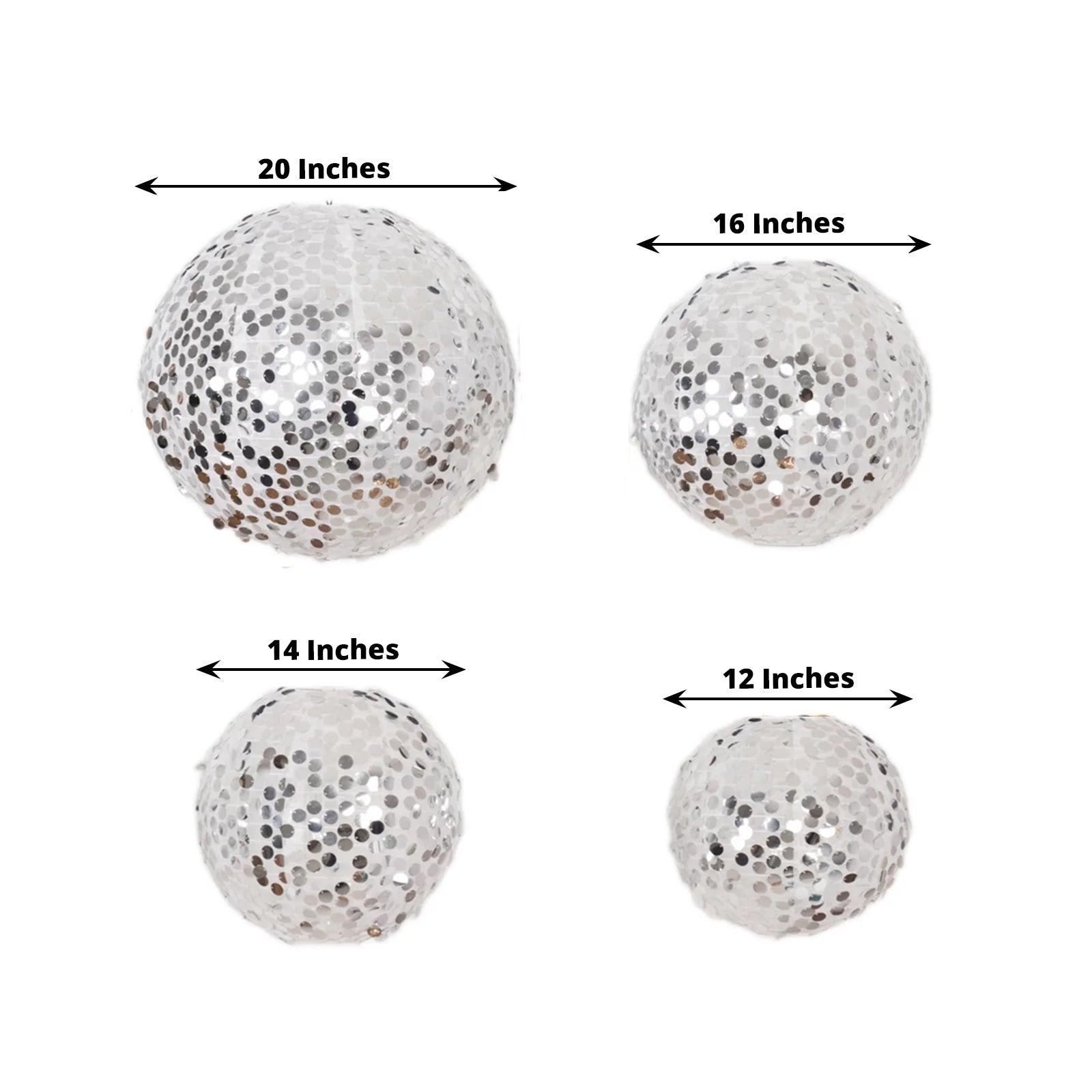 Set of 4 Glitter Silver Payette Sequin Hanging Lanterns, Large Decorative Round Foldable Fabric Chinese Lantern Lampshades - 12",14",16",20" - Bell Racket Store