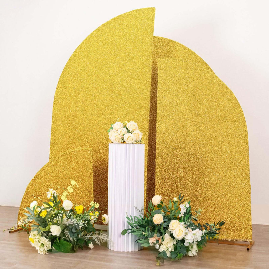 Set of 4 Gold Chiara Wedding Arch Covers Shimmer Tinsel Finish, Fitted Covers For Half Moon Backdrop Stands - 2.5ft, 5ft, 6ft, 7ft - Bell Racket Store