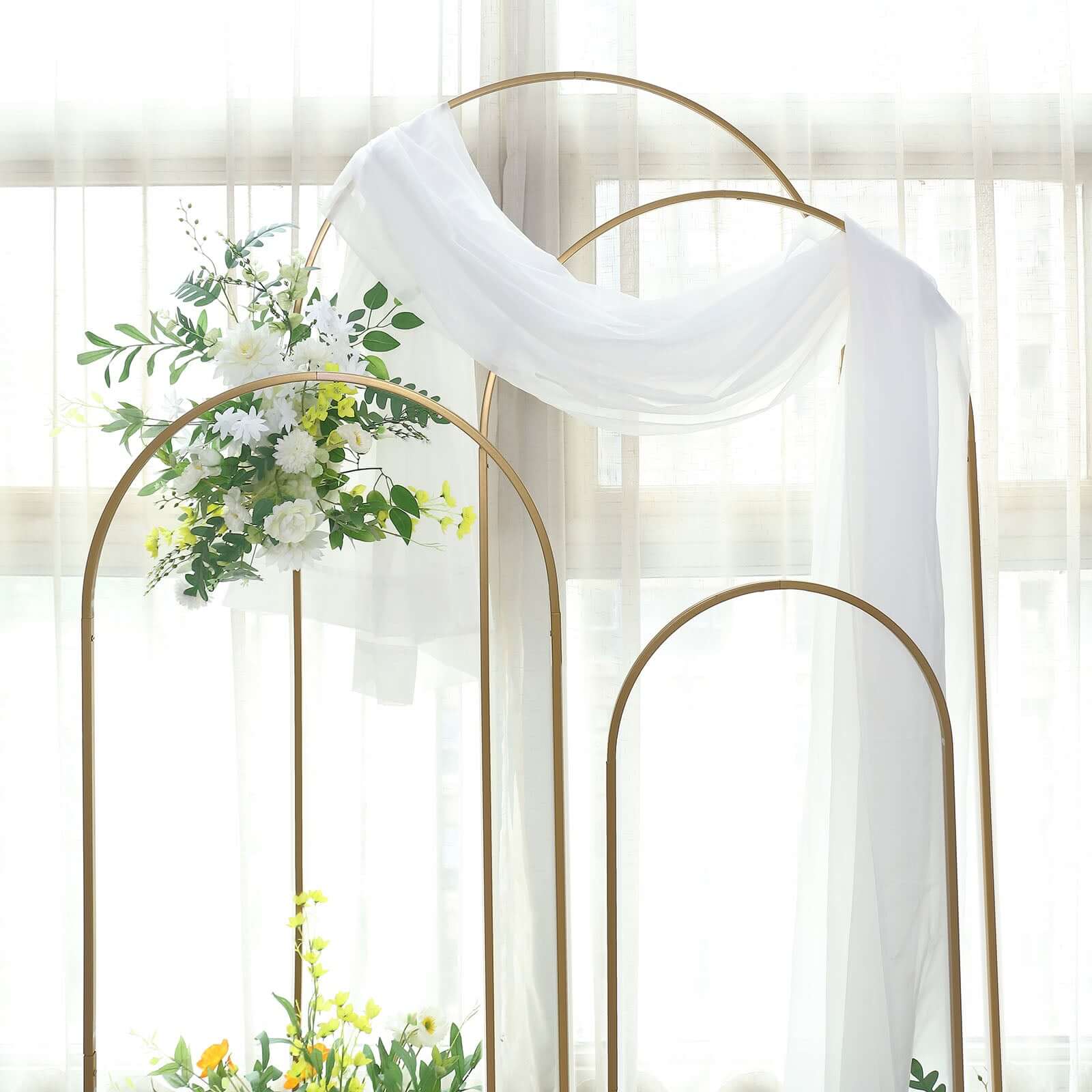 Set of 4 Gold Metal Wedding Arch Chiara Backdrop Stand Floral Display Frame With Round Top - Bell Racket Store