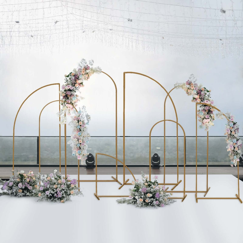 Set of 4 Gold Metal Wedding Arch Chiara Backdrop Stand Floral Display Frame With Round Top - Bell Racket Store