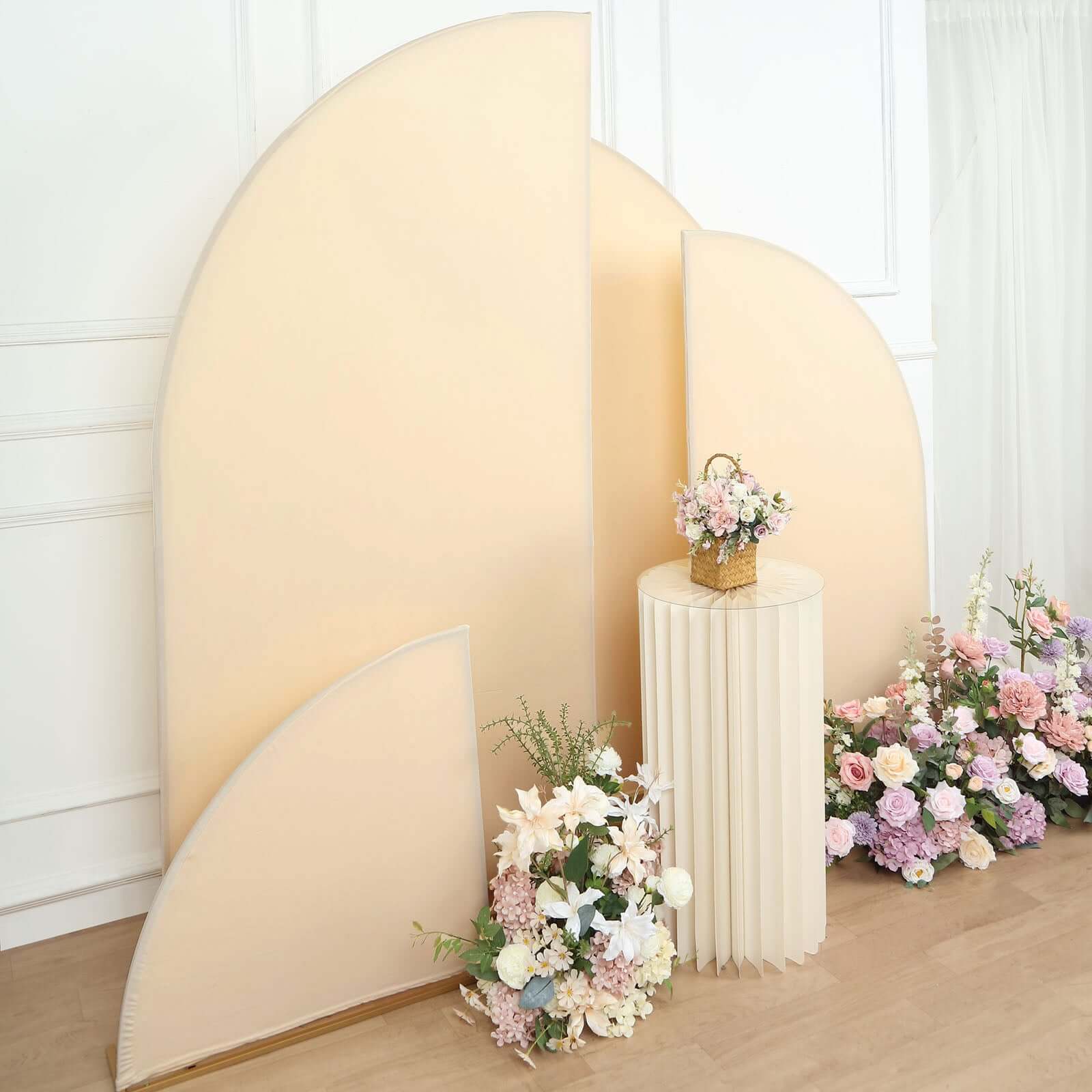 Set of 4 Matte Beige Spandex Half Moon Chiara Backdrop Stand Covers, Custom Fitted Wedding Arch Covers - 2.5ft,5ft,6ft,7ft - Bell Racket Store