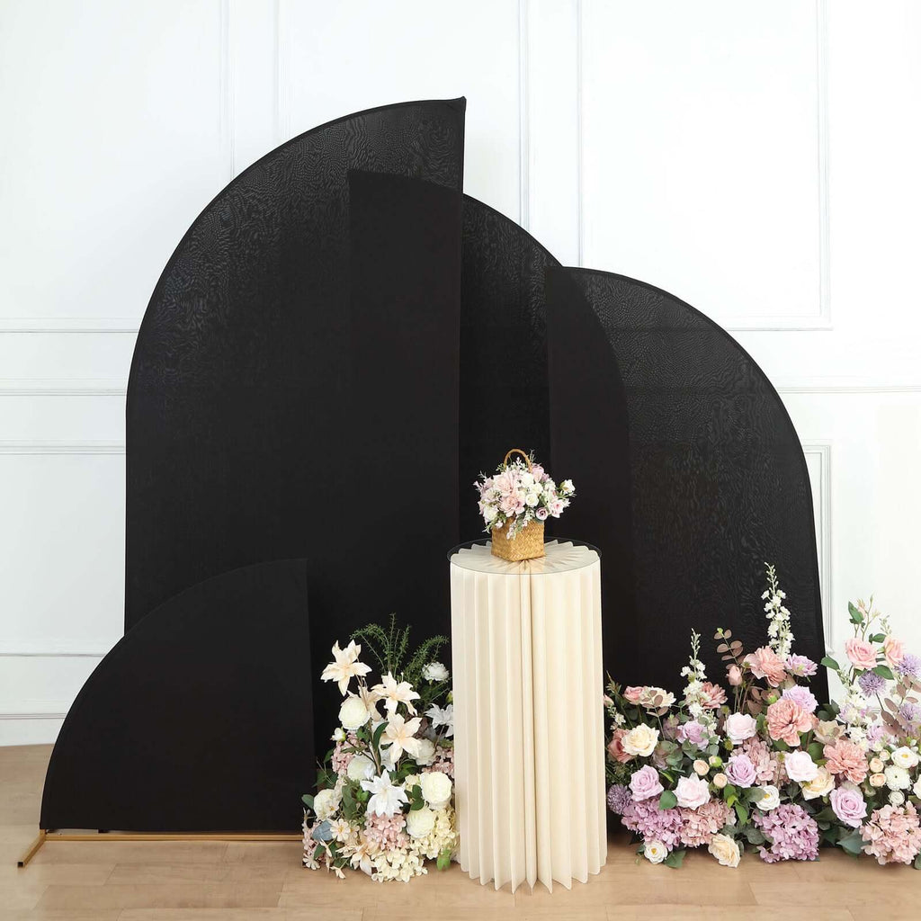 Set of 4 Matte Black Spandex Half Moon Chiara Backdrop Stand Covers, Custom Fitted Wedding Arch Covers - 2.5ft,5ft,6ft,7ft - Bell Racket Store