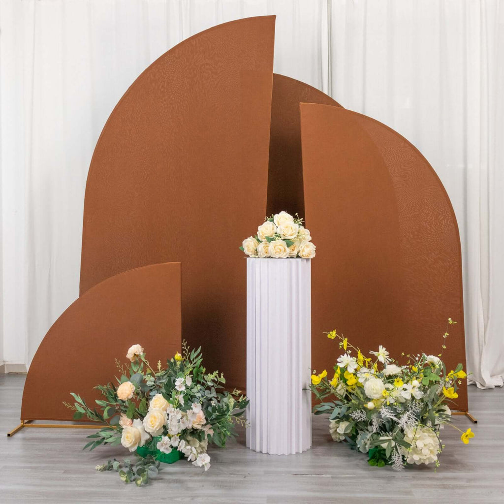 Set of 4 Matte Cinnamon Brown Spandex Half Moon Chiara Backdrop Stand Covers, Custom Fitted Wedding Arch Covers - 2.5ft,5ft,6ft,7ft - Bell Racket Store