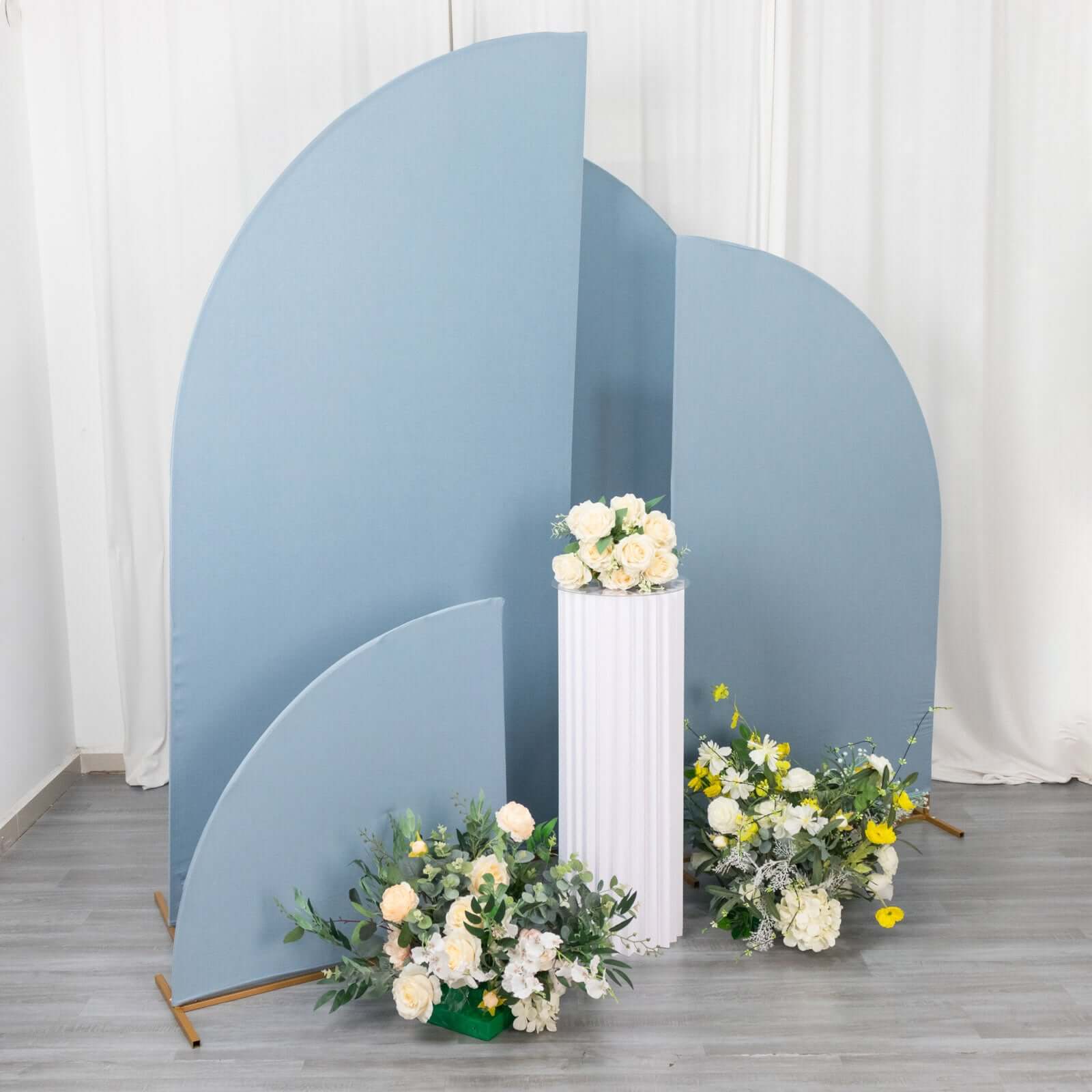 Set of 4 Matte Dusty Blue Spandex Half Moon Chiara Backdrop Stand Covers, Custom Fitted Wedding Arch Covers - 2.5ft,5ft,6ft,7ft - Bell Racket Store