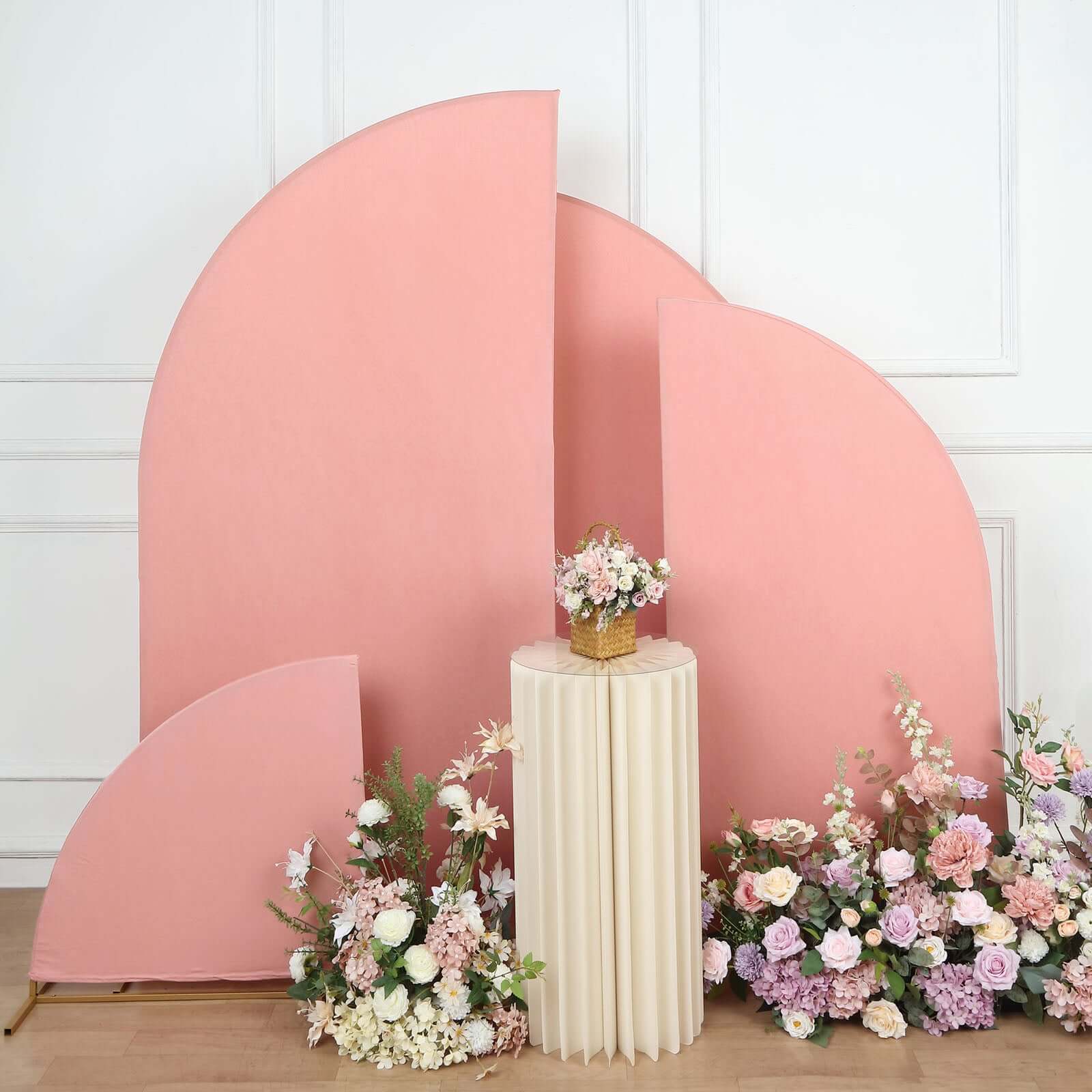 Set of 4 Matte Dusty Rose Spandex Half Moon Chiara Backdrop Stand Covers, Custom Fitted Wedding Arch Covers - 2.5ft,5ft,6ft,7ft - Bell Racket Store