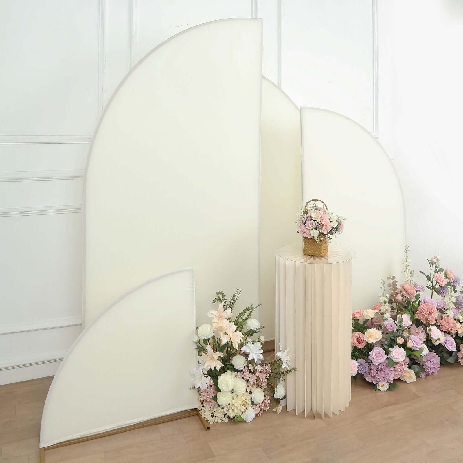 Set of 4 Matte Ivory Spandex Half Moon Chiara Backdrop Stand Covers, Custom Fitted Wedding Arch Covers - 2.5ft,5ft,6ft,7ft - Bell Racket Store
