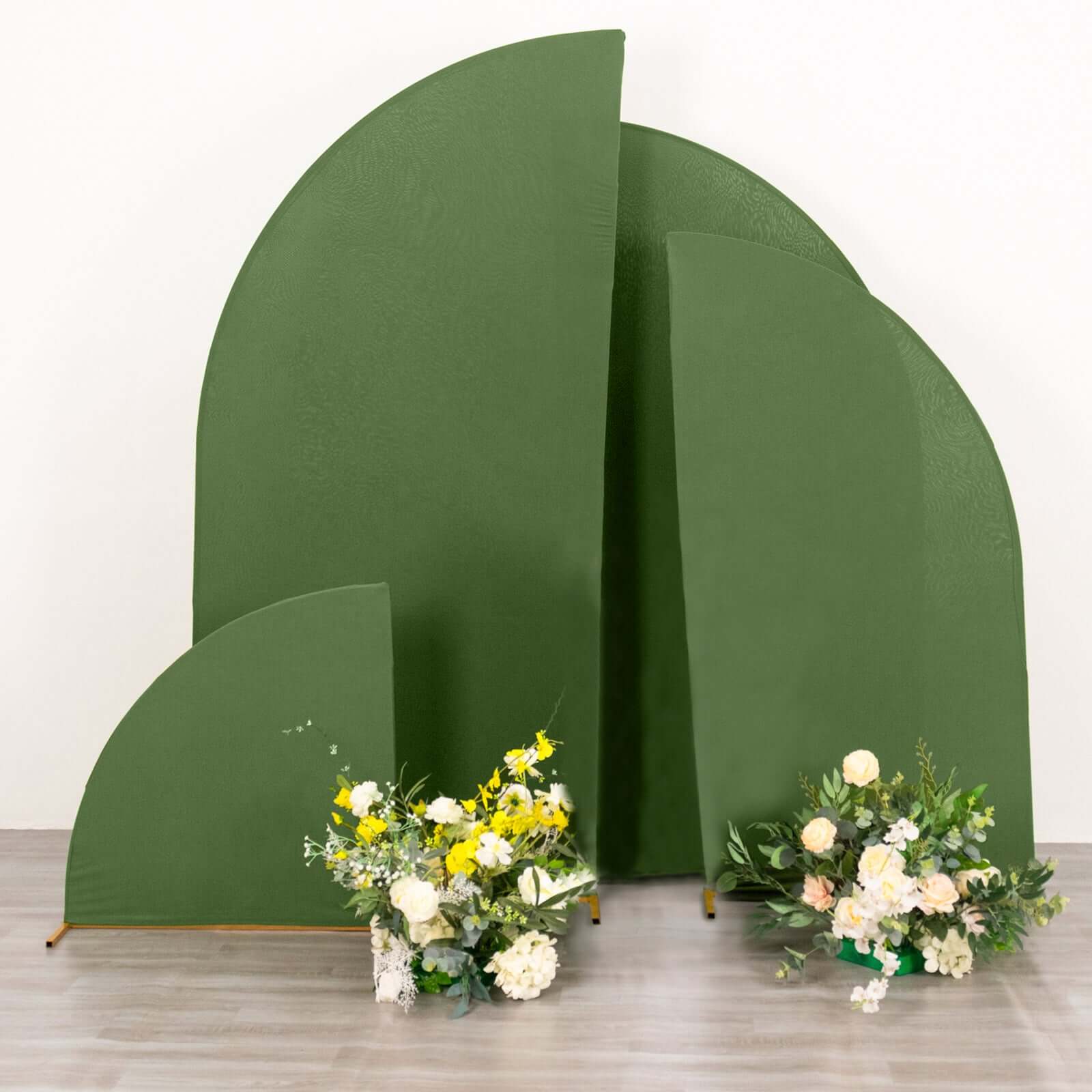 Set of 4 Matte Olive Green Spandex Half Moon Chiara Backdrop Stand Covers, Custom Fitted Wedding Arch Covers - 2.5ft,5ft,6ft,7ft - Bell Racket Store