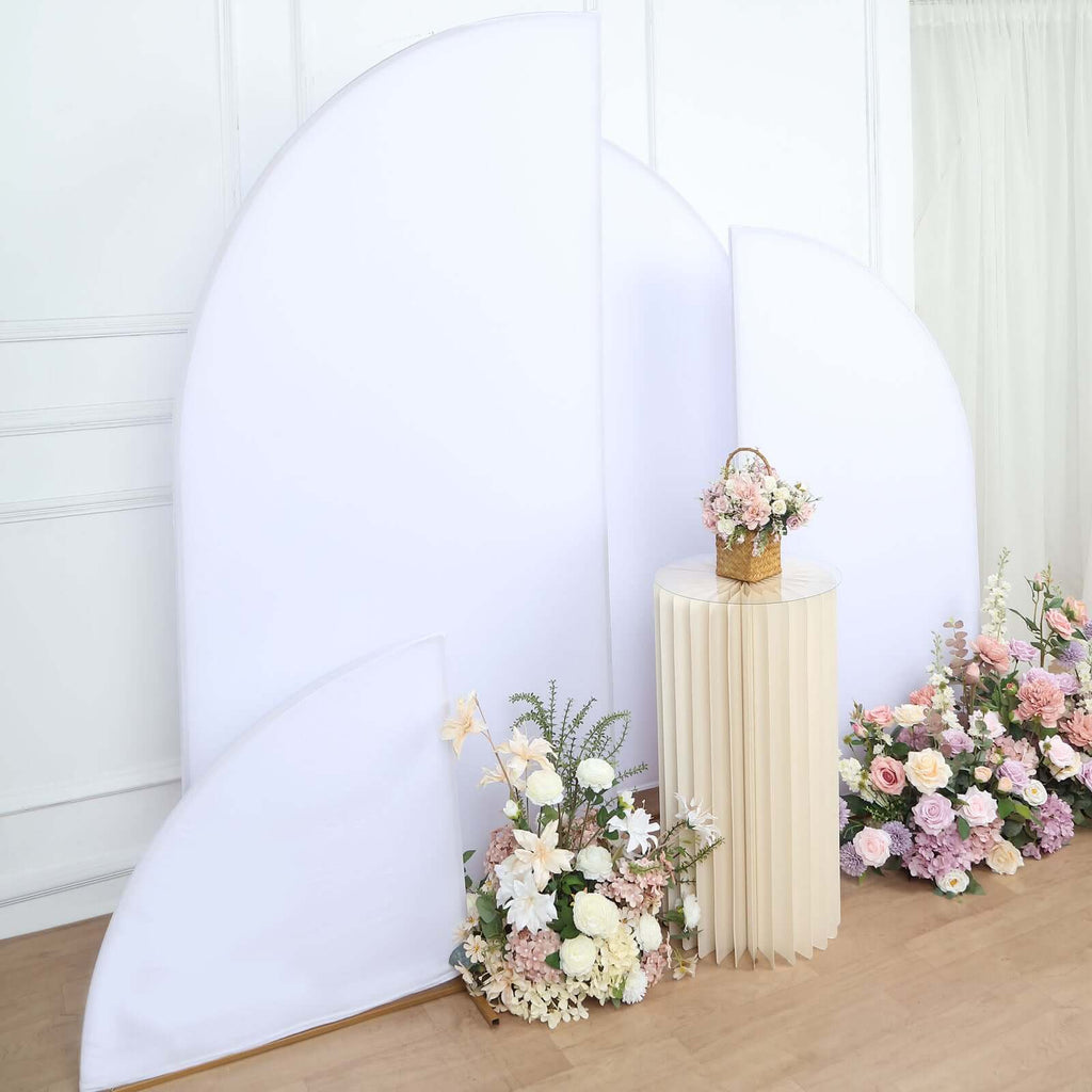 Set of 4 Matte White Spandex Half Moon Chiara Backdrop Stand Covers, Custom Fitted Wedding Arch Covers - 2.5ft,5ft,6ft,7ft - Bell Racket Store