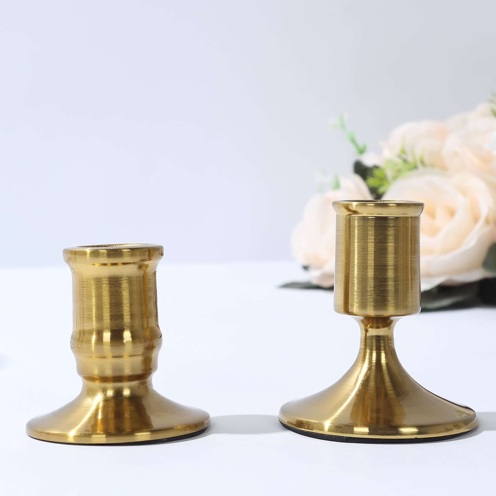Set of 4 Metal Taper Candle Holders Vintage Gold with Sturdy Round Base - Traditional Pillar Candlestick Holders 2.5", 3" - Bell Racket Store