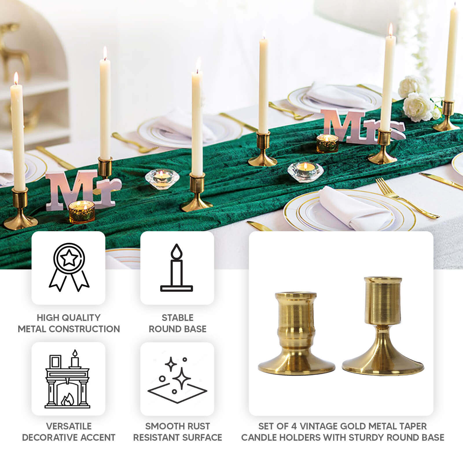 Set of 4 Metal Taper Candle Holders Vintage Gold with Sturdy Round Base - Traditional Pillar Candlestick Holders 2.5", 3" - Bell Racket Store