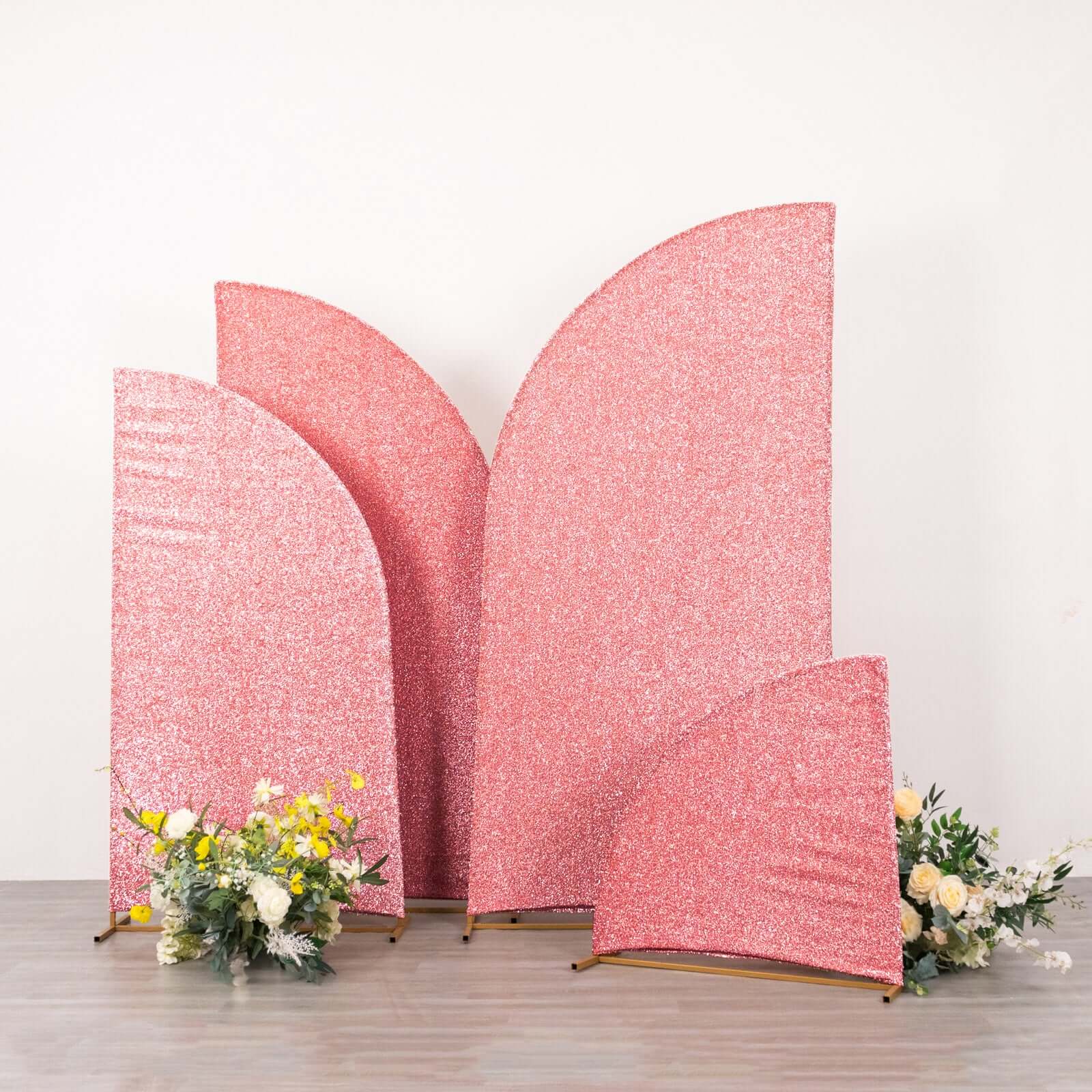 Set of 4 Rose Gold Chiara Wedding Arch Covers Shimmer Tinsel Finish, Fitted Covers For Half Moon Backdrop Stands - 2.5ft, 5ft, 6ft, 7ft - Bell Racket Store