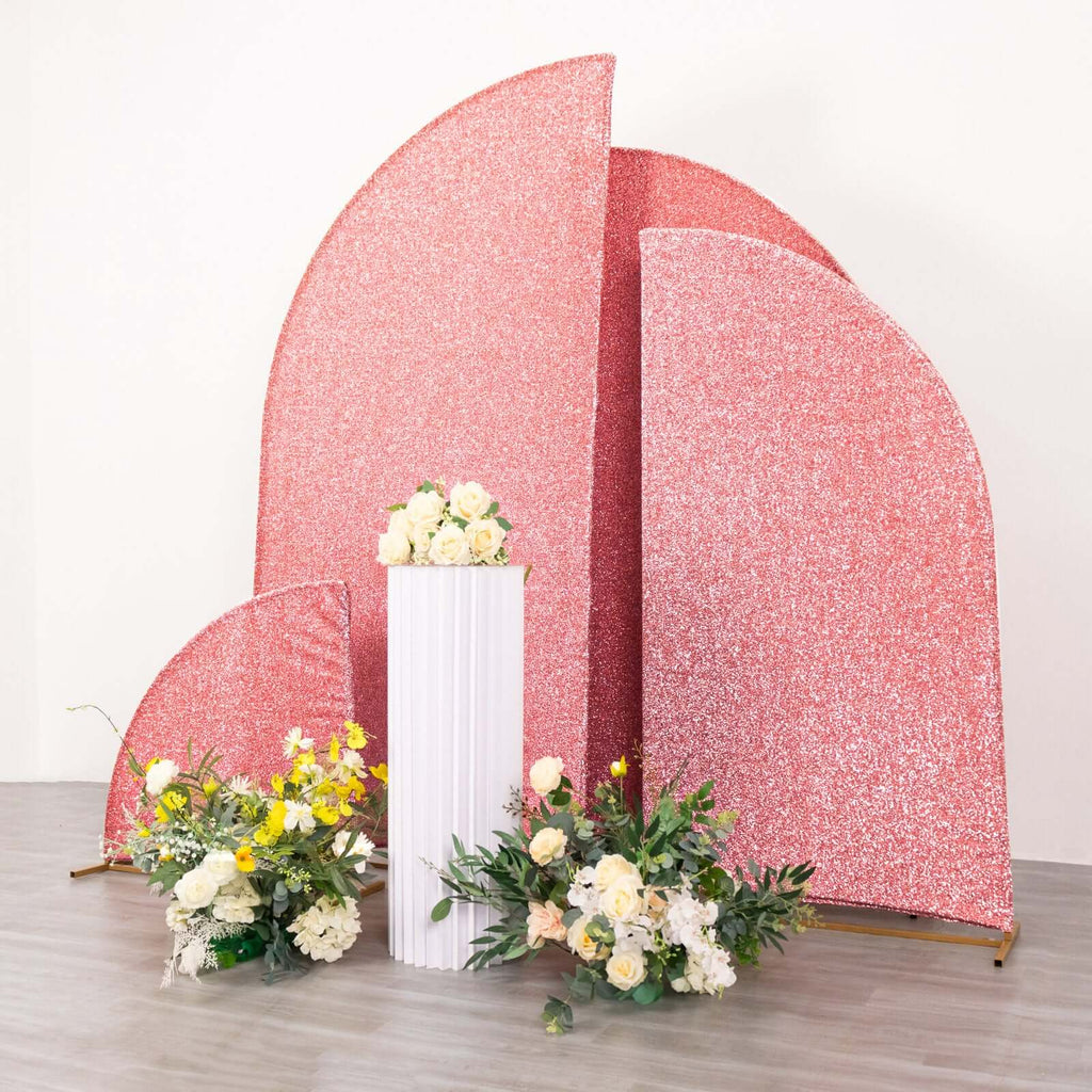 Set of 4 Rose Gold Chiara Wedding Arch Covers Shimmer Tinsel Finish, Fitted Covers For Half Moon Backdrop Stands - 2.5ft, 5ft, 6ft, 7ft - Bell Racket Store