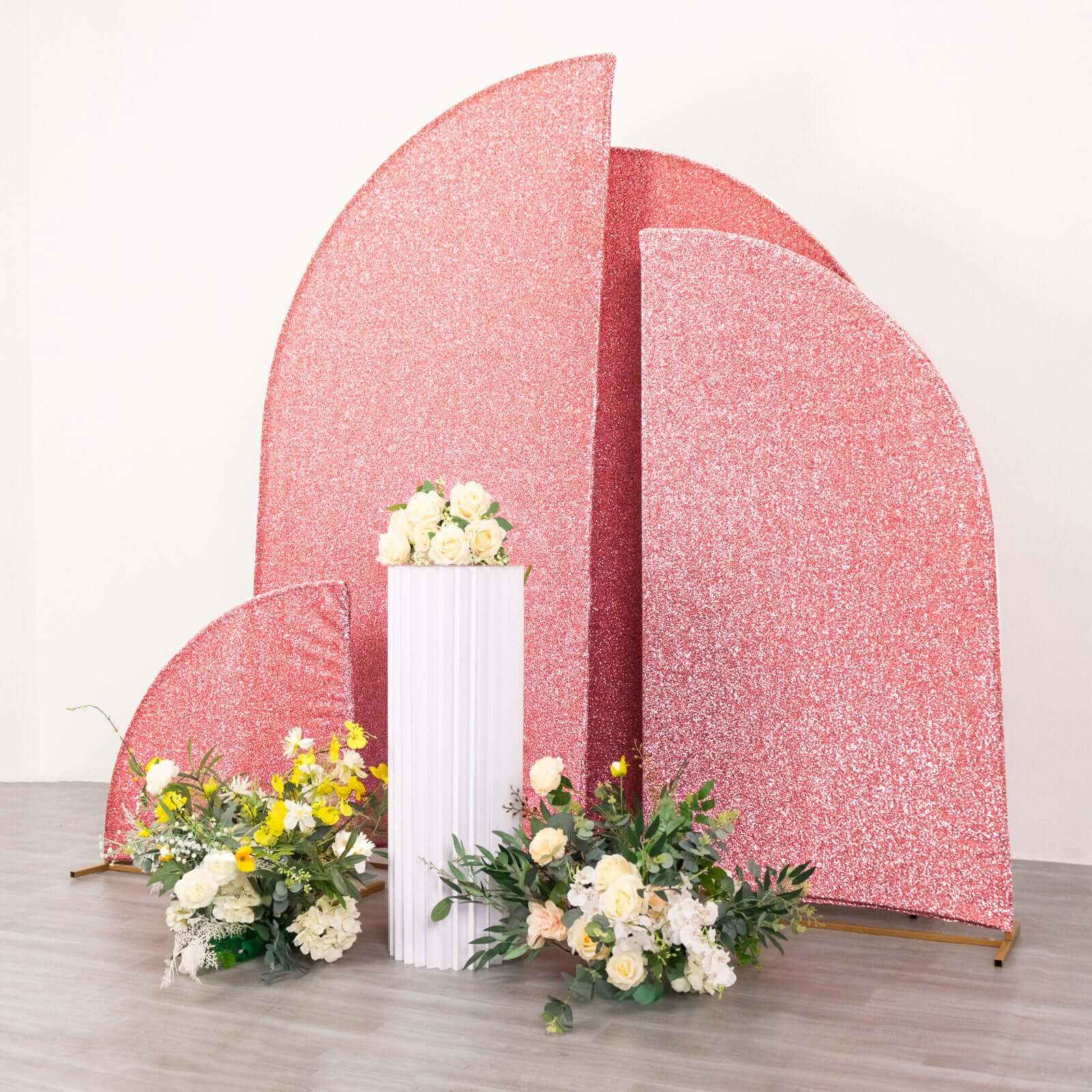 Set of 4 Rose Gold Chiara Wedding Arch Covers Shimmer Tinsel Finish, Fitted Covers For Half Moon Backdrop Stands - 2.5ft, 5ft, 6ft, 7ft - Bell Racket Store
