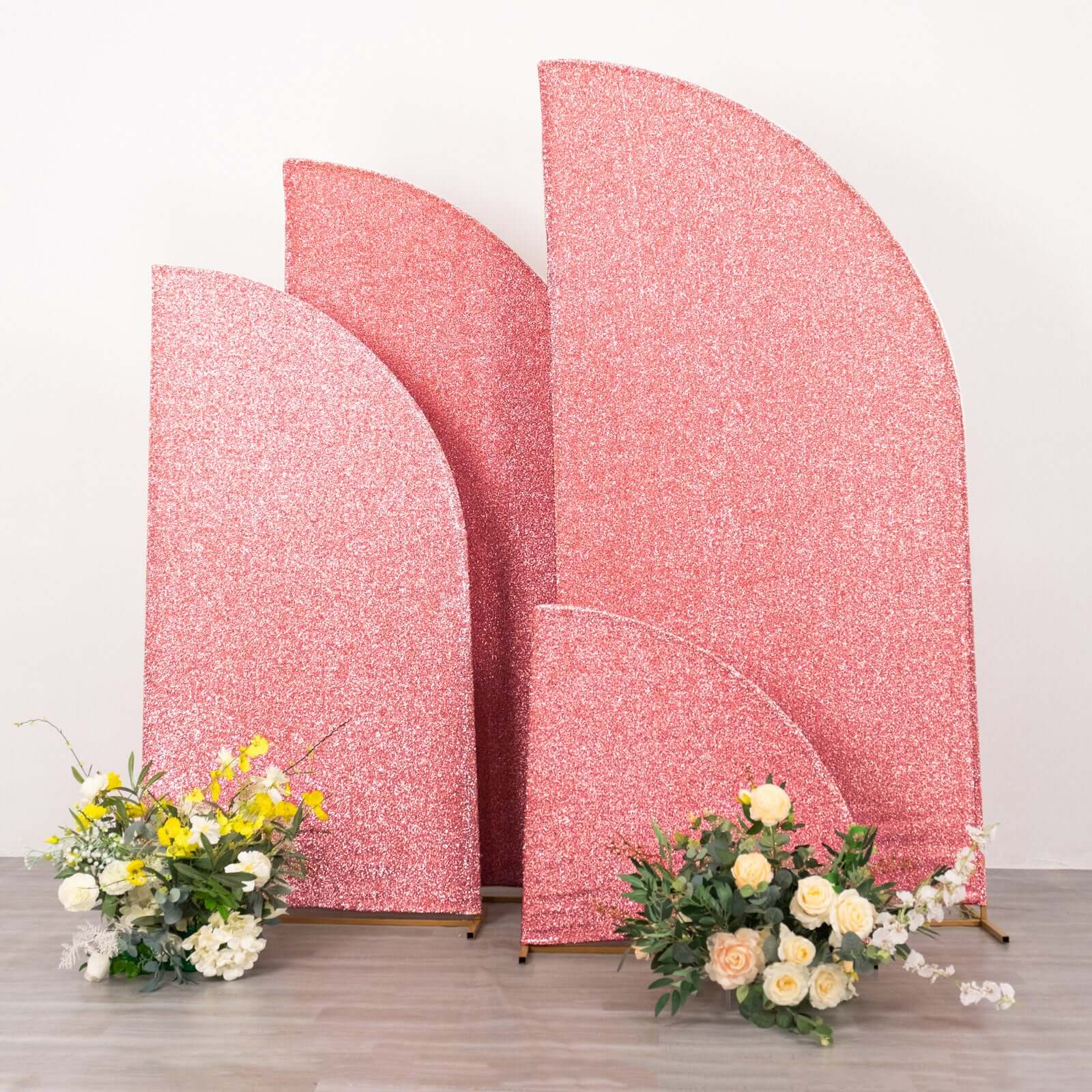 Set of 4 Rose Gold Chiara Wedding Arch Covers Shimmer Tinsel Finish, Fitted Covers For Half Moon Backdrop Stands - 2.5ft, 5ft, 6ft, 7ft - Bell Racket Store