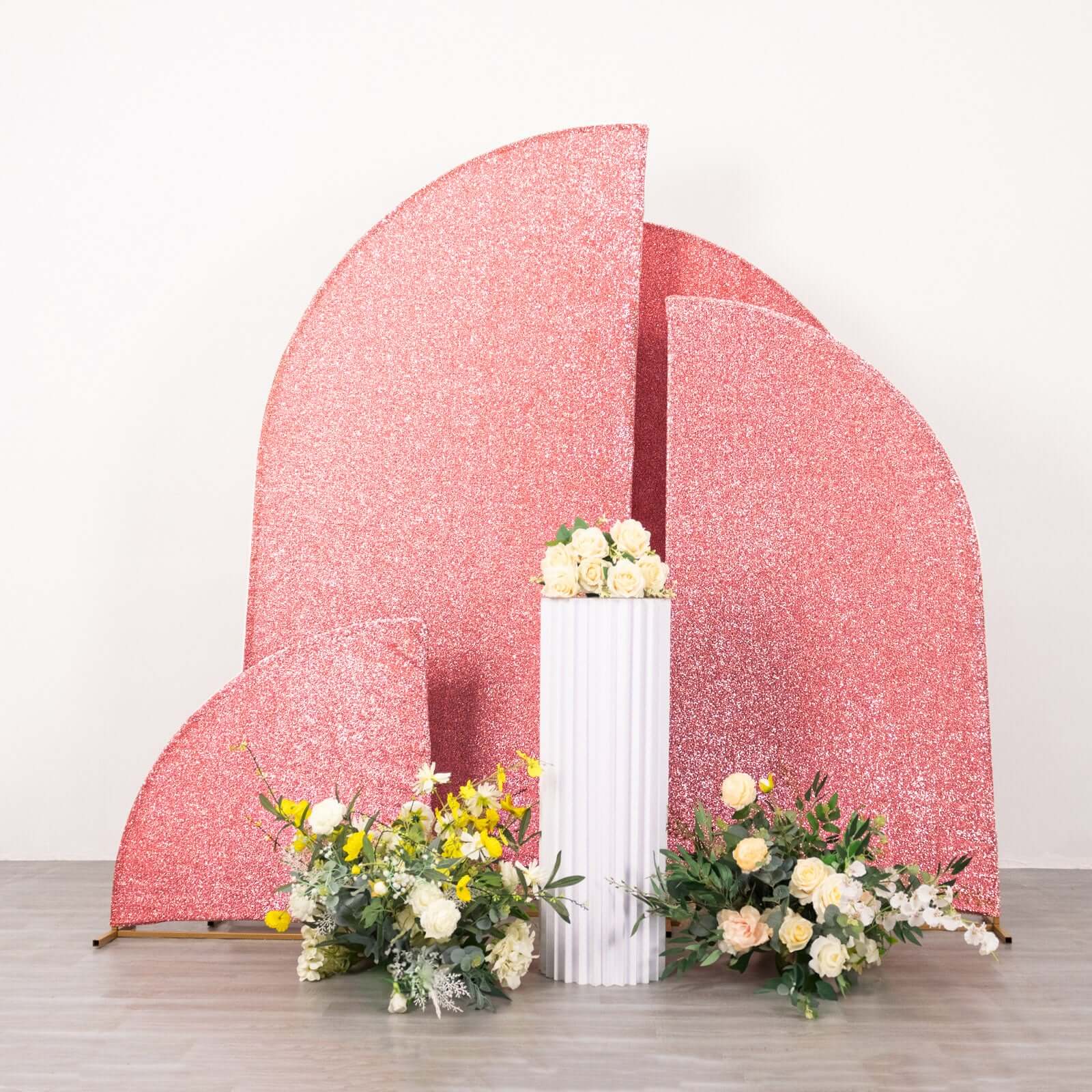 Set of 4 Rose Gold Chiara Wedding Arch Covers Shimmer Tinsel Finish, Fitted Covers For Half Moon Backdrop Stands - 2.5ft, 5ft, 6ft, 7ft - Bell Racket Store