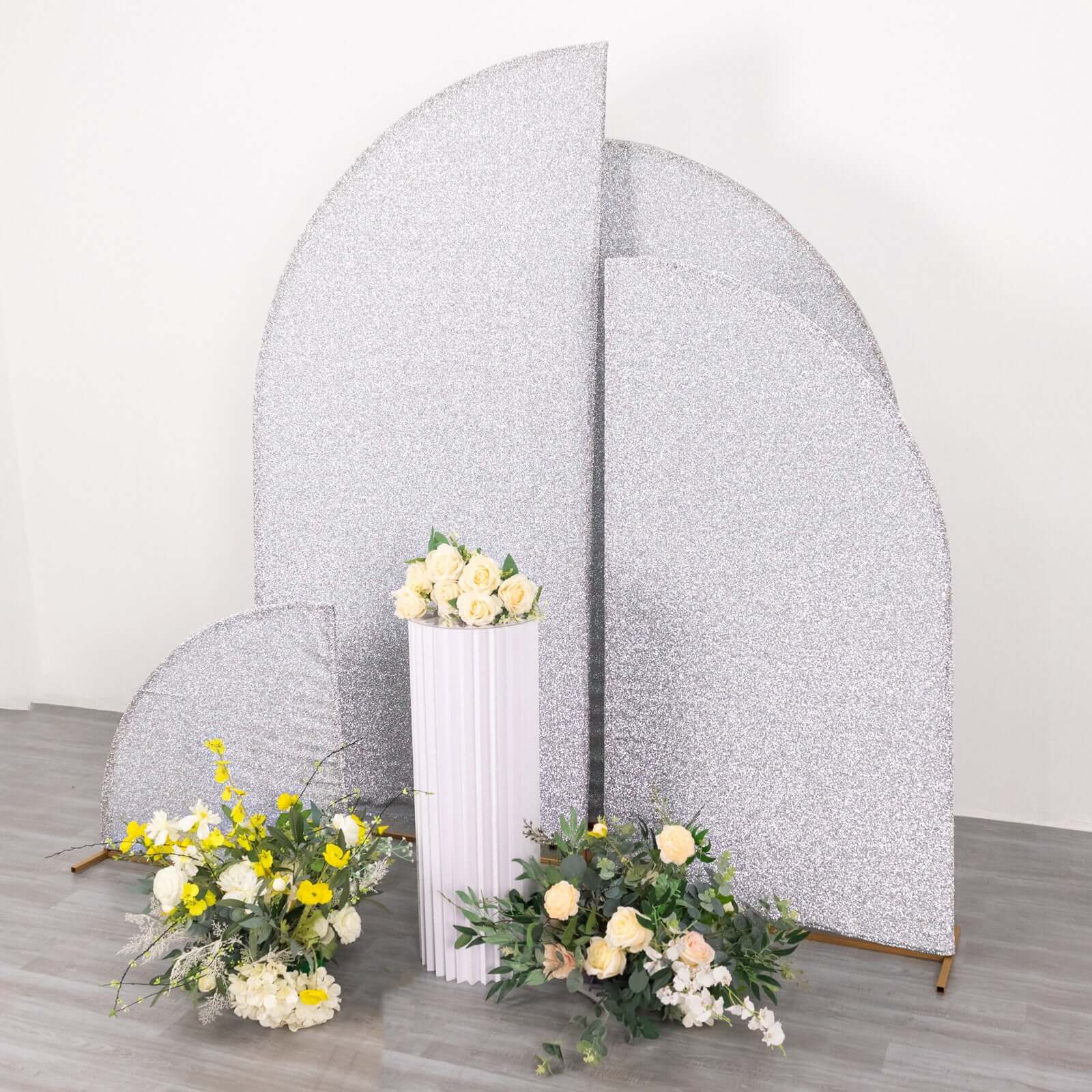 Set of 4 Silver Chiara Wedding Arch Covers Shimmer Tinsel Finish, Fitted Covers For Half Moon Backdrop Stands - 2.5ft, 5ft, 6ft, 7ft - Bell Racket Store