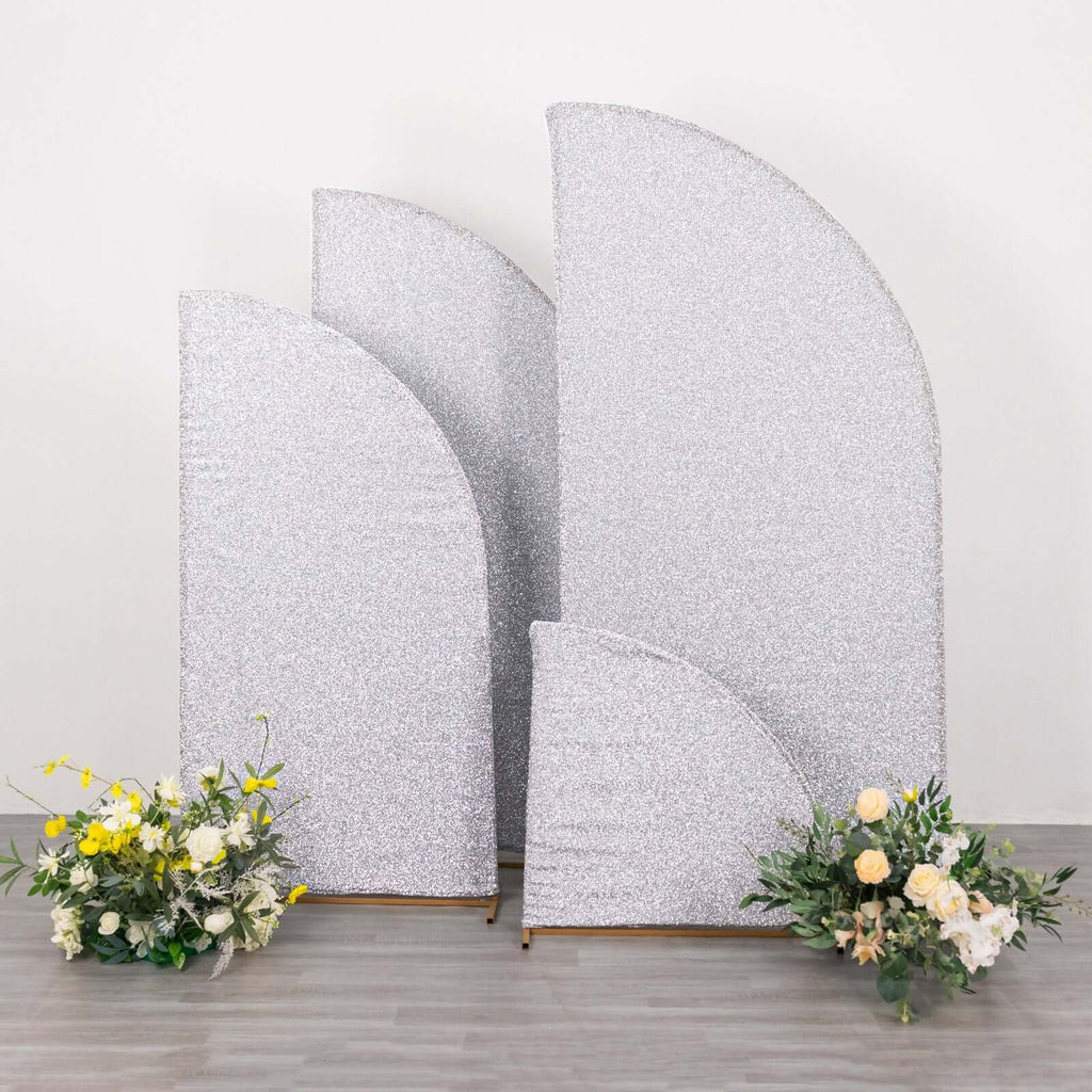 Set of 4 Silver Chiara Wedding Arch Covers Shimmer Tinsel Finish, Fitted Covers For Half Moon Backdrop Stands - 2.5ft, 5ft, 6ft, 7ft - Bell Racket Store