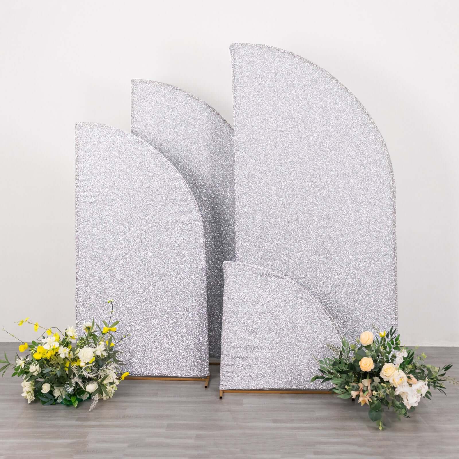 Set of 4 Silver Chiara Wedding Arch Covers Shimmer Tinsel Finish, Fitted Covers For Half Moon Backdrop Stands - 2.5ft, 5ft, 6ft, 7ft - Bell Racket Store