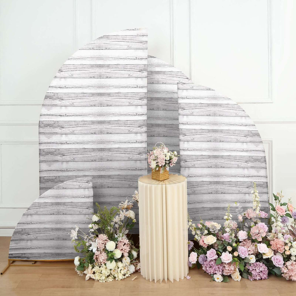 Set of 4 Whitewash Rustic Wood Print Spandex Chiara Wedding Arch Covers, Fitted Covers For Half Moon Backdrop Stands - 2.5ft, 5ft, 6ft, 7ft - Bell Racket Store