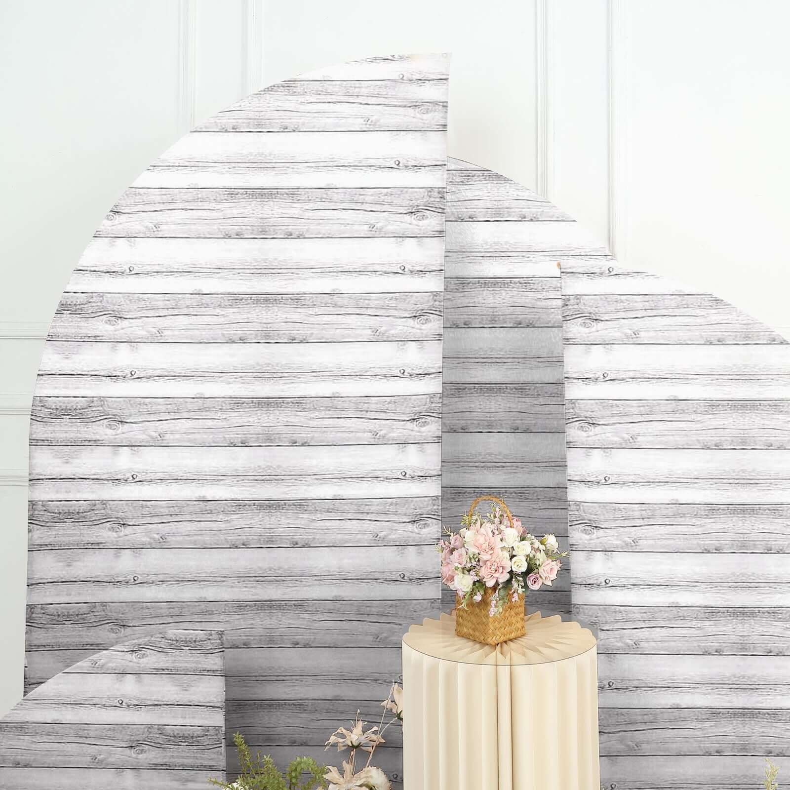 Set of 4 Whitewash Rustic Wood Print Spandex Chiara Wedding Arch Covers, Fitted Covers For Half Moon Backdrop Stands - 2.5ft, 5ft, 6ft, 7ft - Bell Racket Store