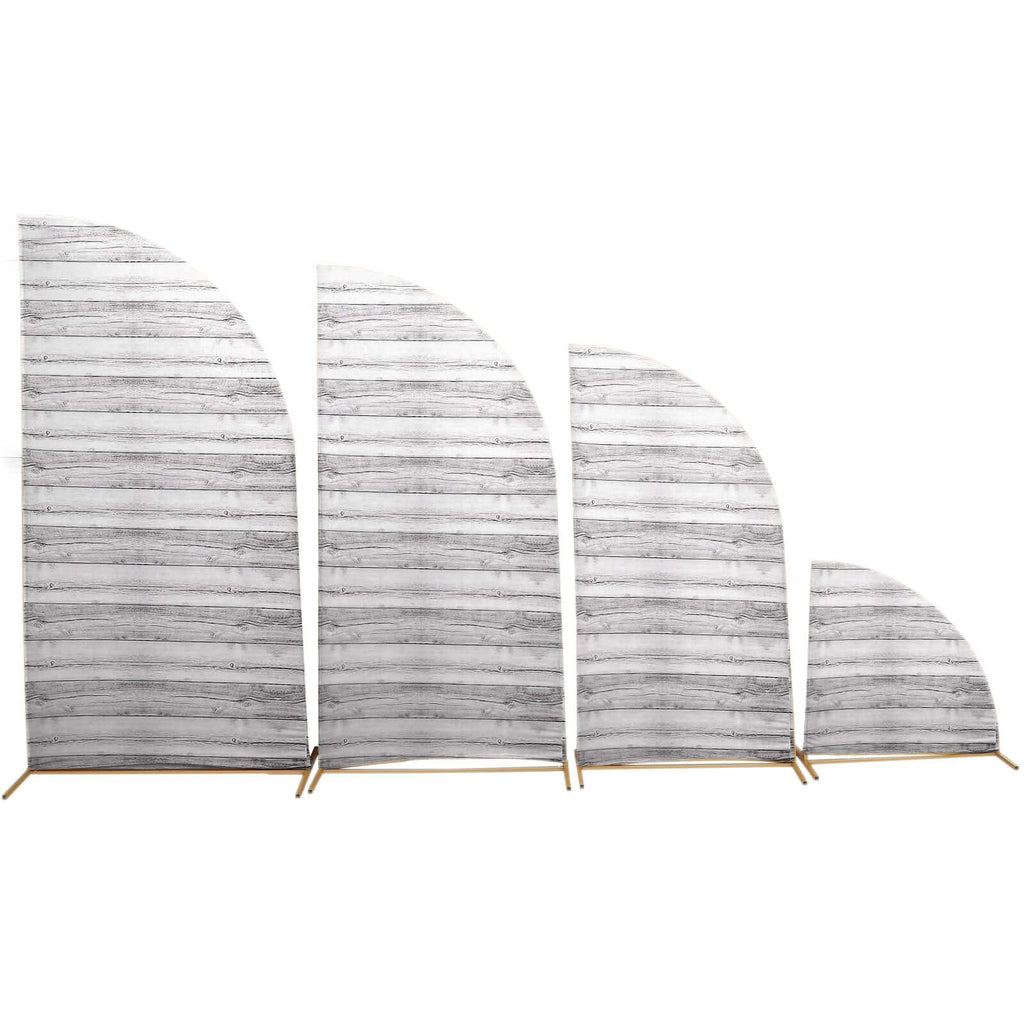 Set of 4 Whitewash Rustic Wood Print Spandex Chiara Wedding Arch Covers, Fitted Covers For Half Moon Backdrop Stands - 2.5ft, 5ft, 6ft, 7ft - Bell Racket Store