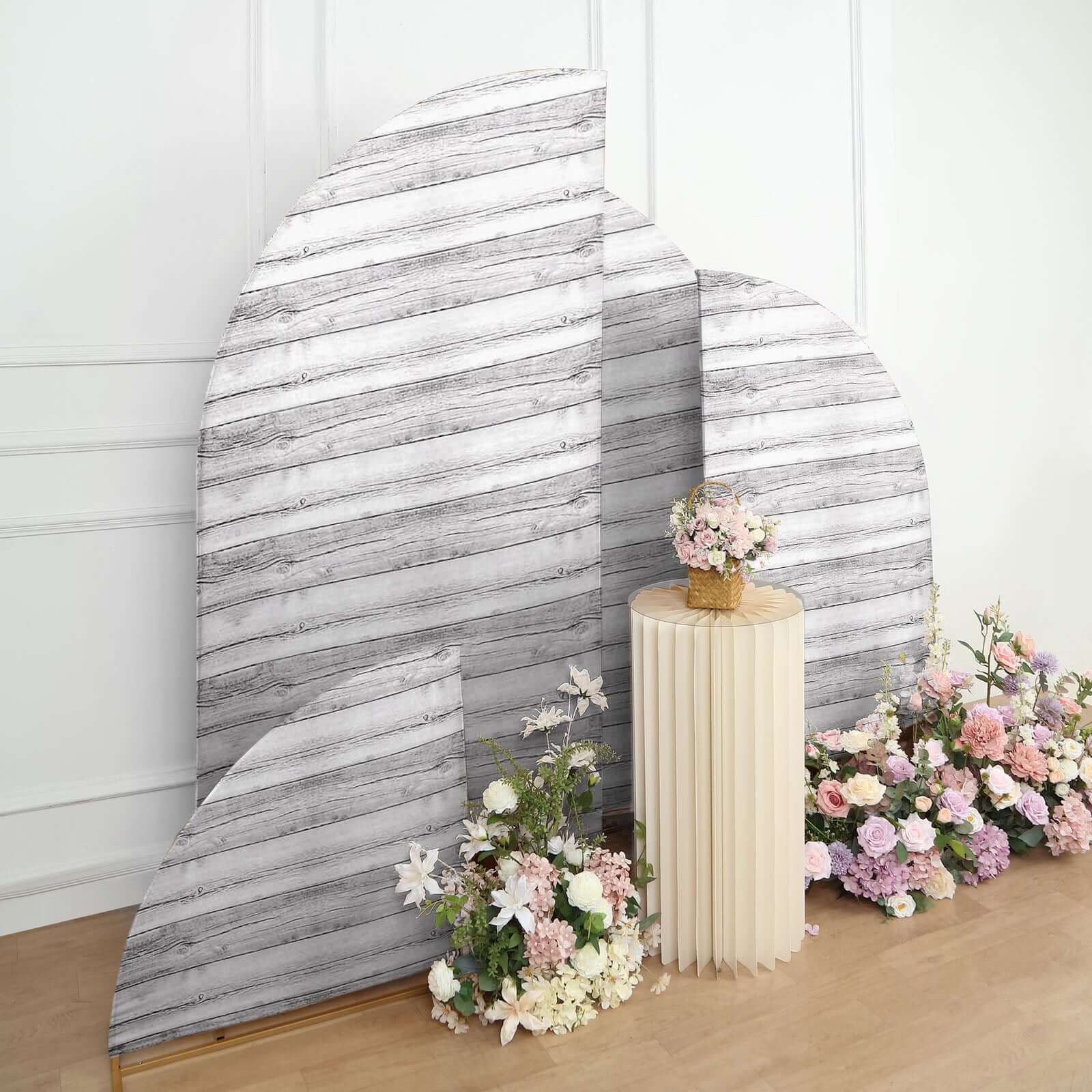 Set of 4 Whitewash Rustic Wood Print Spandex Chiara Wedding Arch Covers, Fitted Covers For Half Moon Backdrop Stands - 2.5ft, 5ft, 6ft, 7ft - Bell Racket Store