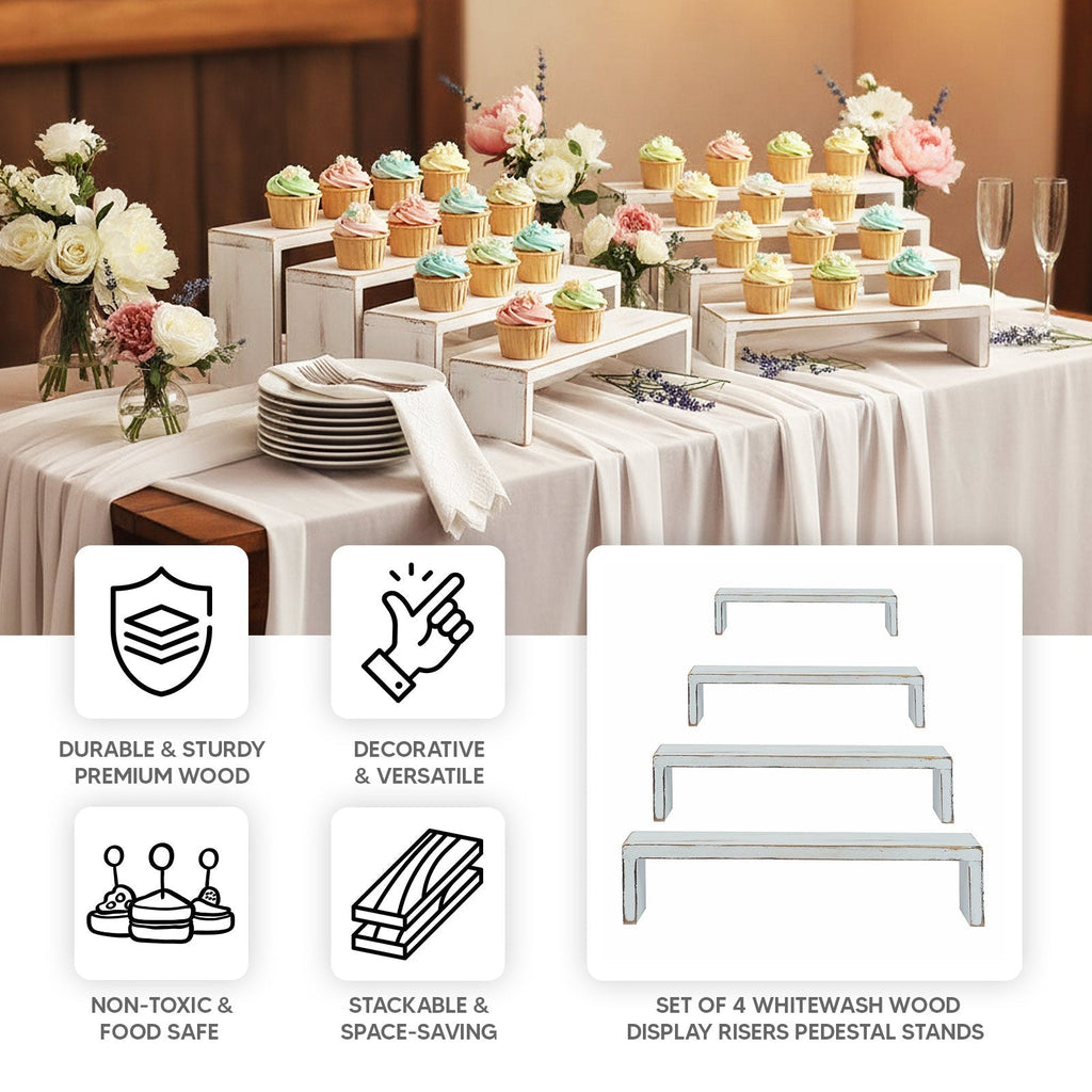 Set of 4 Wooden Display Risers Whitewash Rectangular Bench Style - Stackable Rustic Farmhouse Nesting Stands 14", 16", 17", 19" - Bell Racket Store