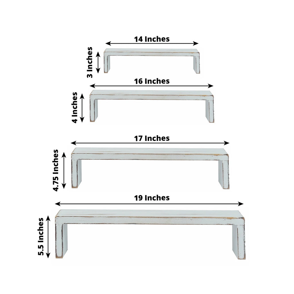Set of 4 Wooden Display Risers Whitewash Rectangular Bench Style - Stackable Rustic Farmhouse Nesting Stands 14", 16", 17", 19" - Bell Racket Store