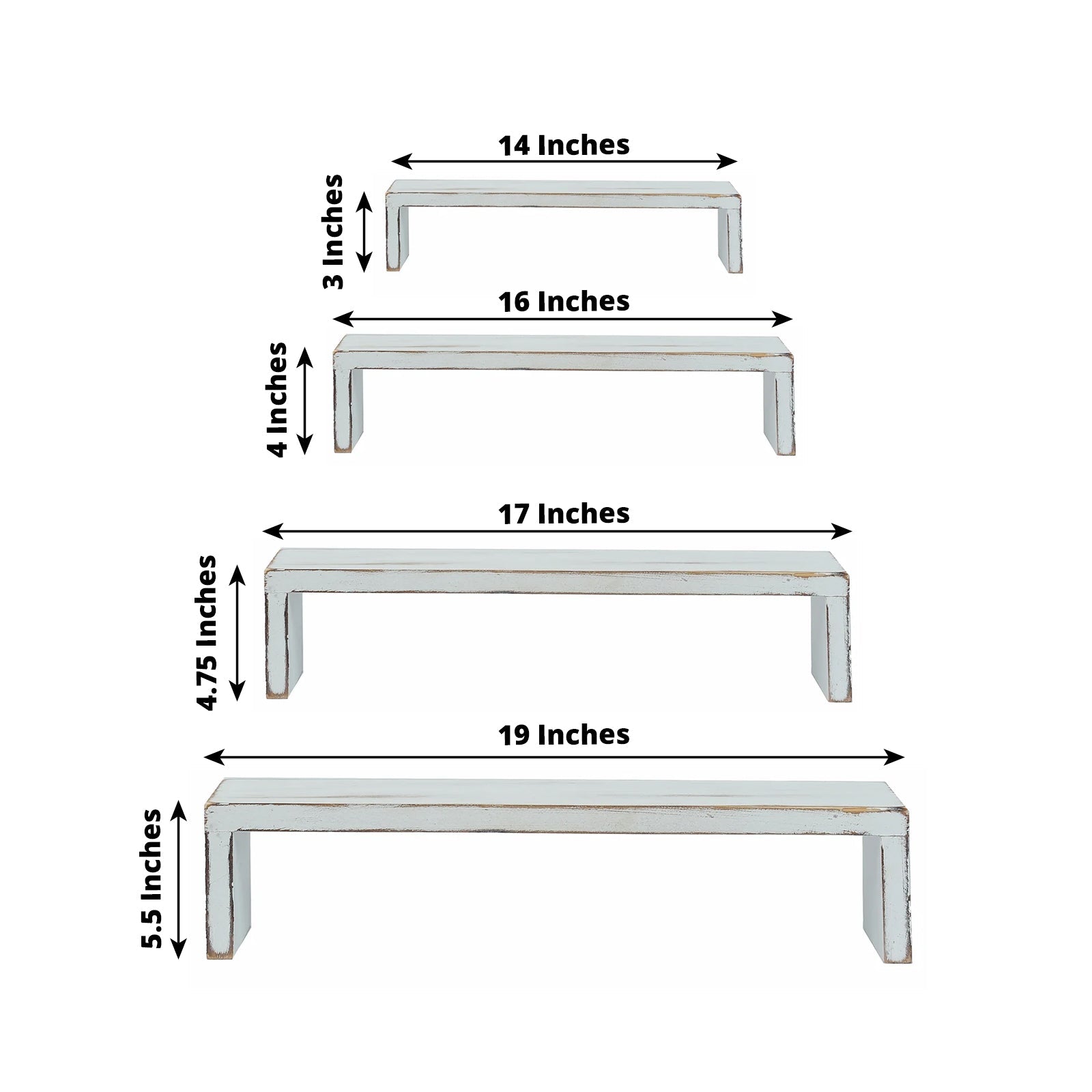 Set of 4 Wooden Display Risers Whitewash Rectangular Bench Style - Stackable Rustic Farmhouse Nesting Stands 14", 16", 17", 19" - Bell Racket Store