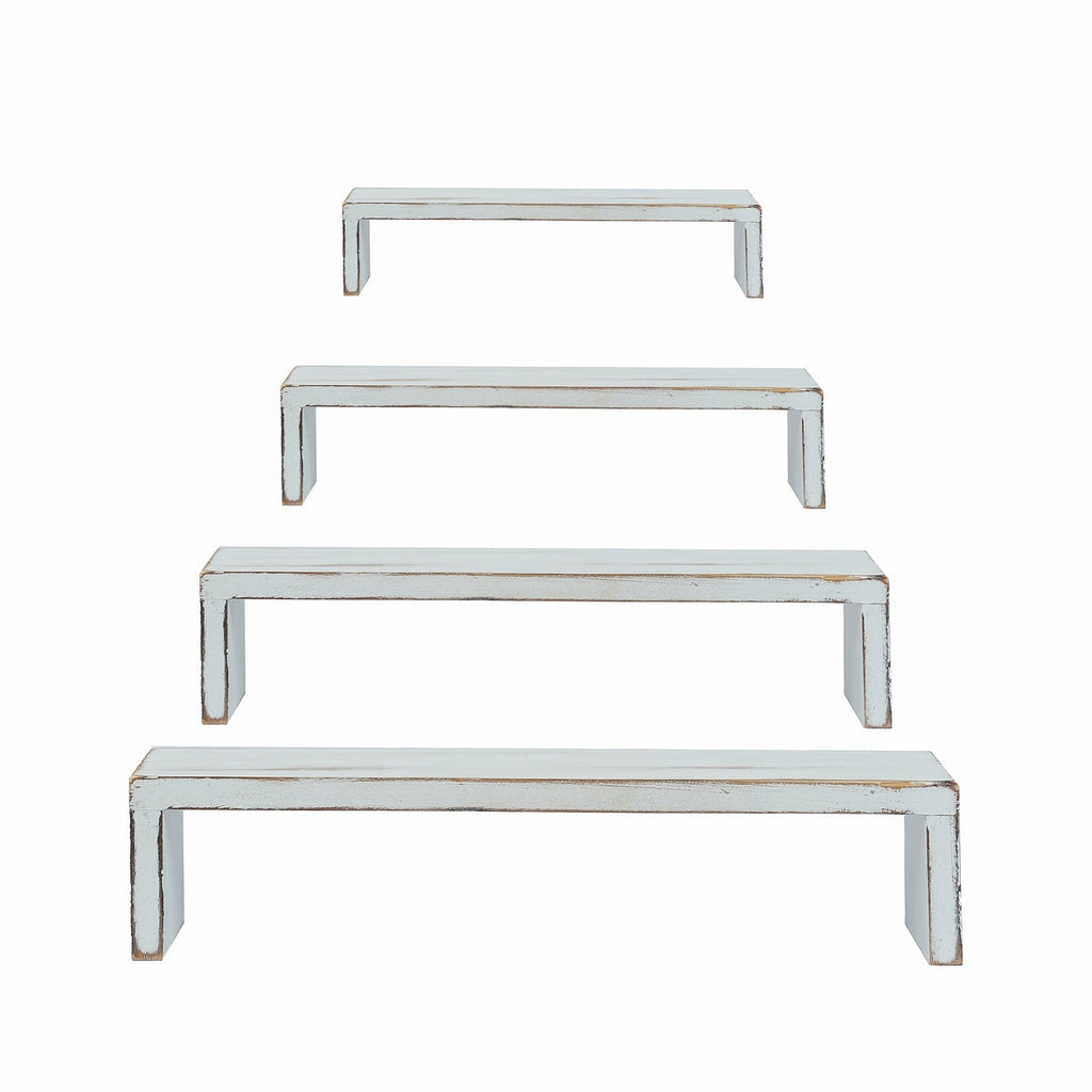 Set of 4 Wooden Display Risers Whitewash Rectangular Bench Style - Stackable Rustic Farmhouse Nesting Stands 14", 16", 17", 19" - Bell Racket Store